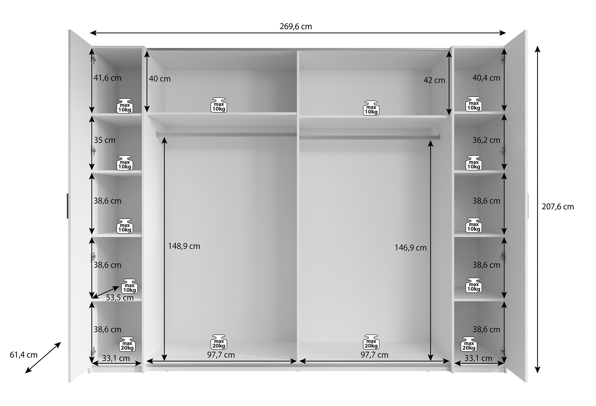 Stoke - Kledingkast 4-deurs - Wit - 270x61x208 cm