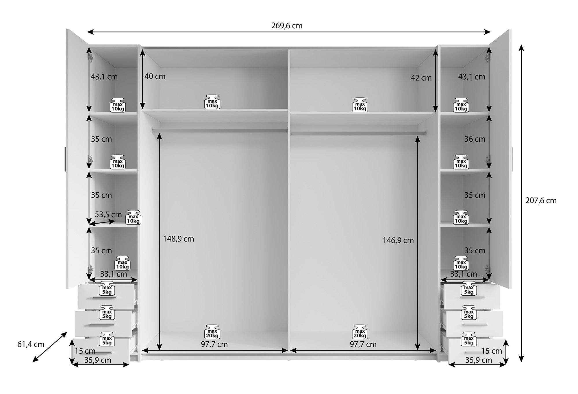 Stoke 2 - Kledingkast 4-deurs - Wit - 270x61x208 cm