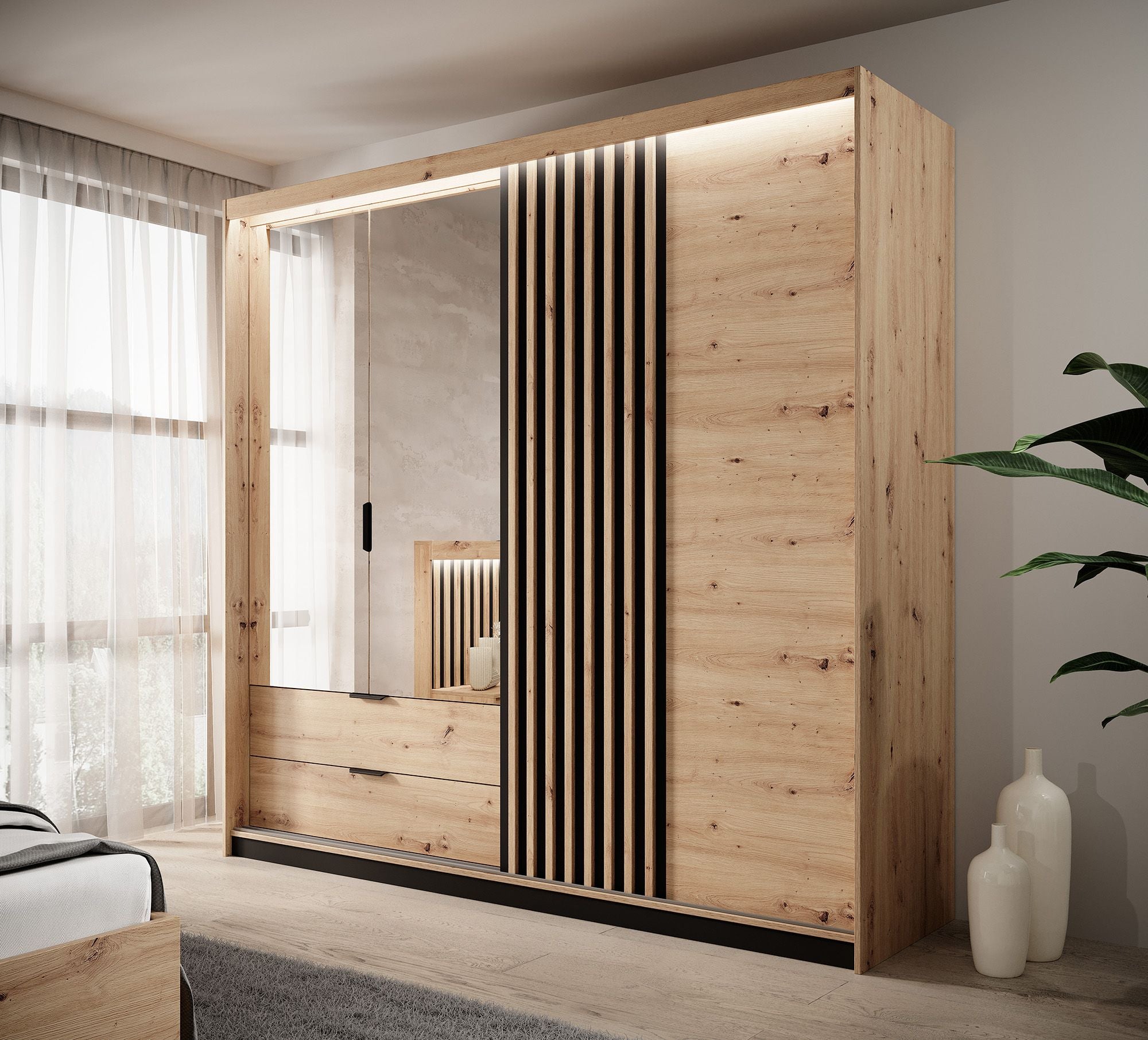 Tasha - Kledingkast 3-deurs - Eiken/zwart - 220x60x210 cm
