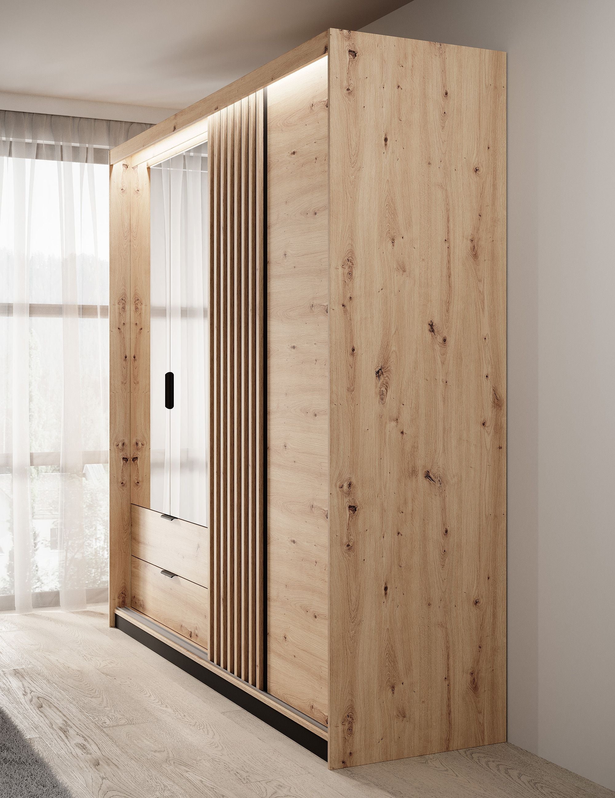 Tasha - Kledingkast 3-deurs - Eiken/zwart - 220x60x210 cm