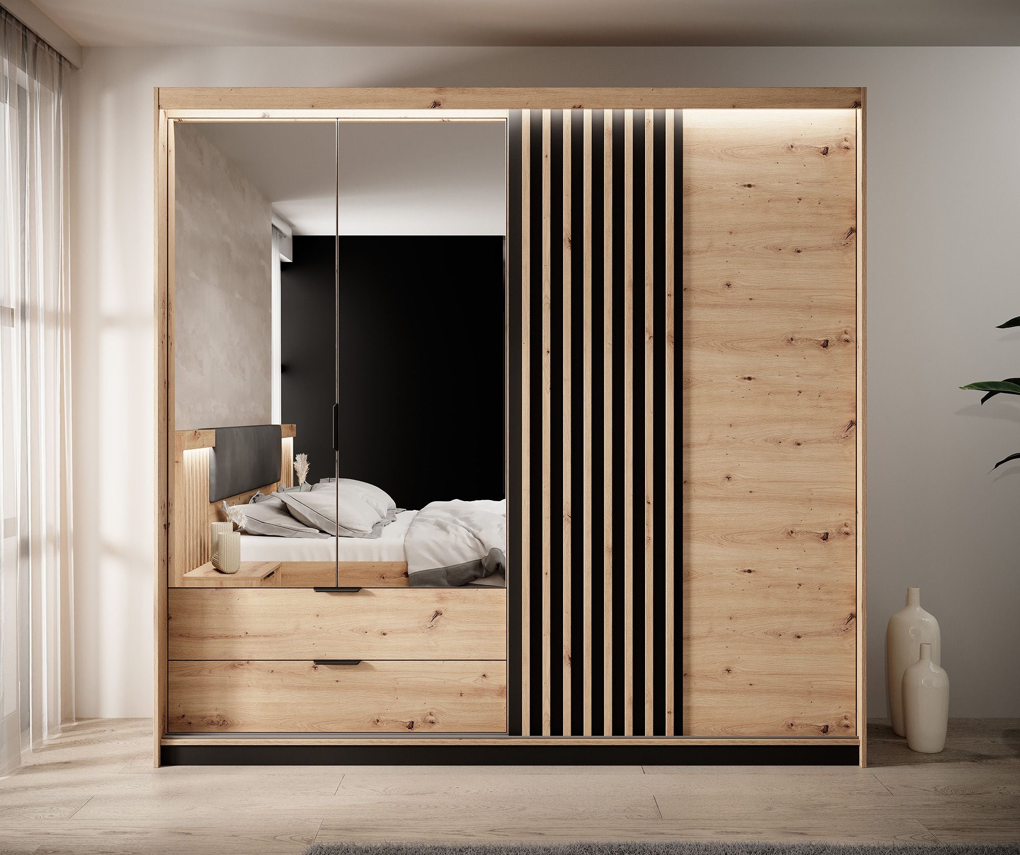 Tasha - Kledingkast 3-deurs - Eiken/zwart - 220x60x210 cm