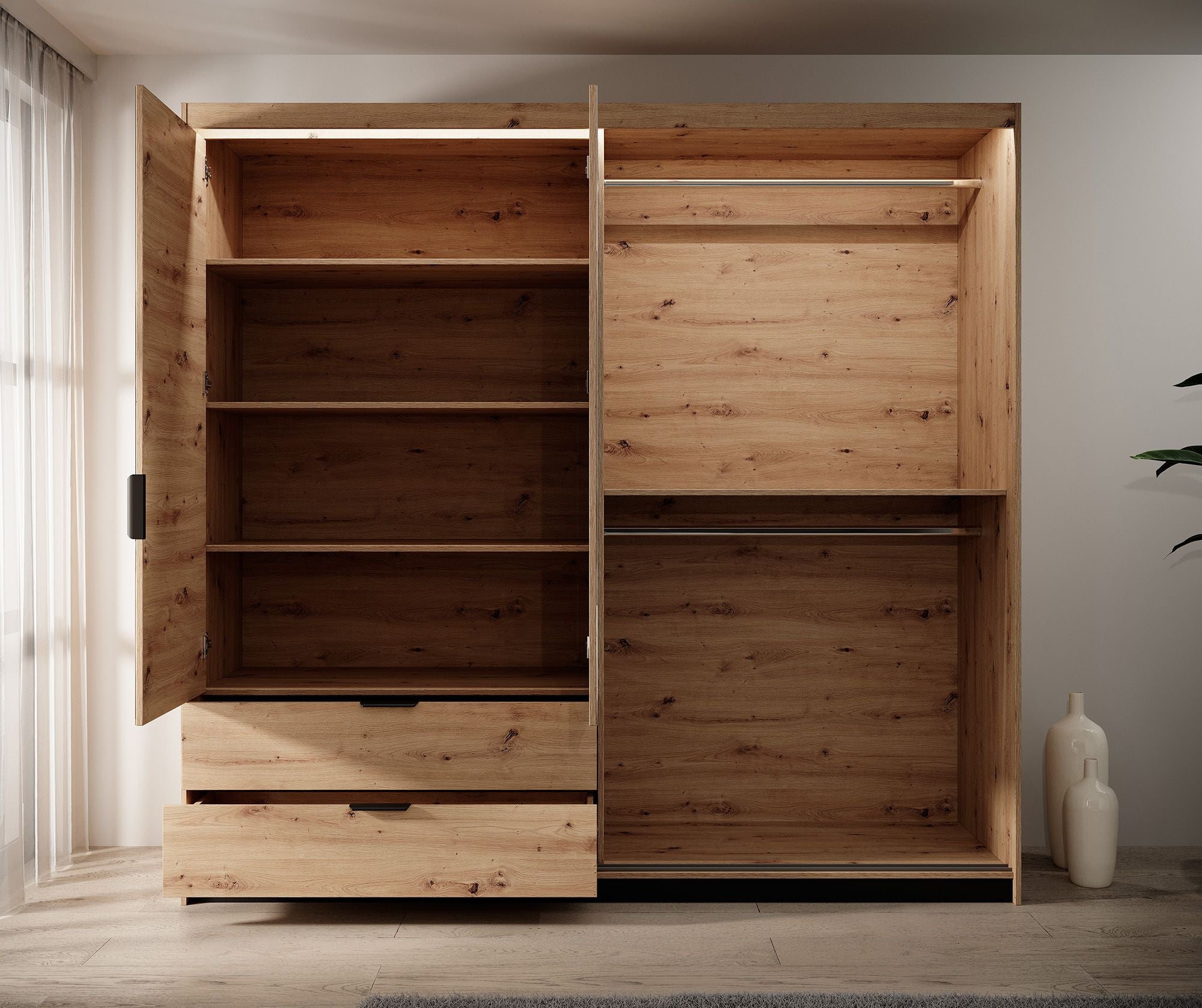 Tasha - Kledingkast 3-deurs - Eiken/zwart - 220x60x210 cm