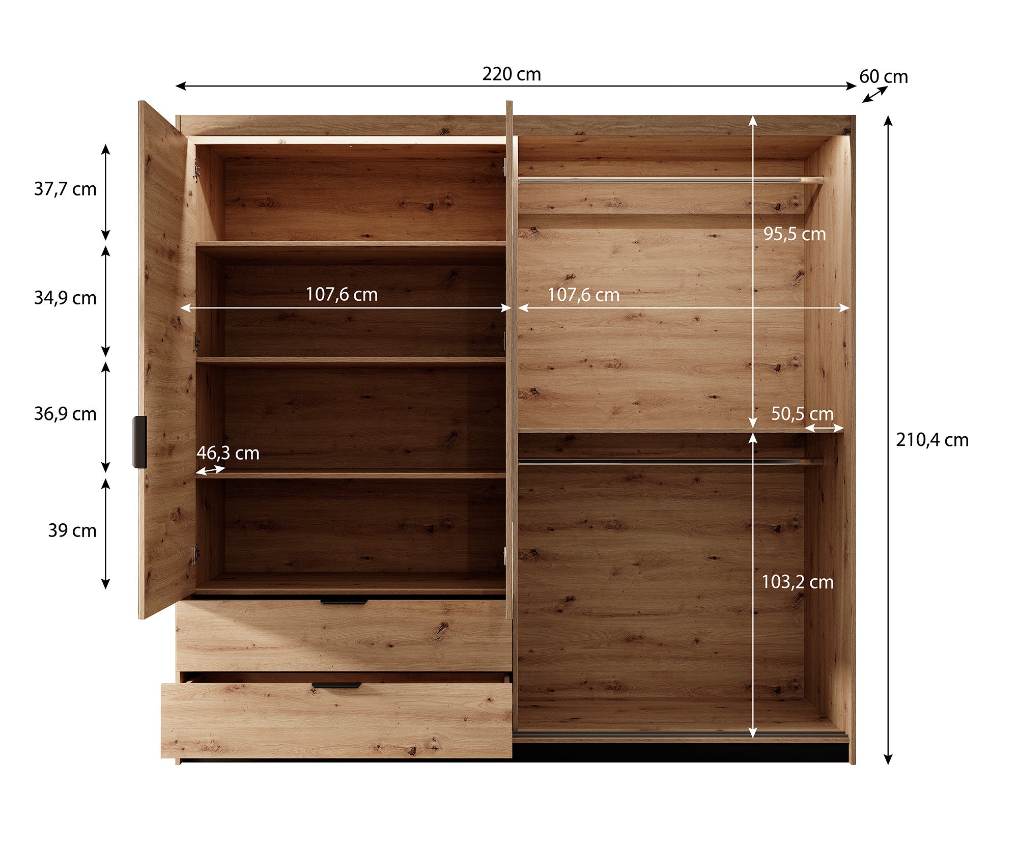 Tasha - Kledingkast 3-deurs - Eiken/zwart - 220x60x210 cm