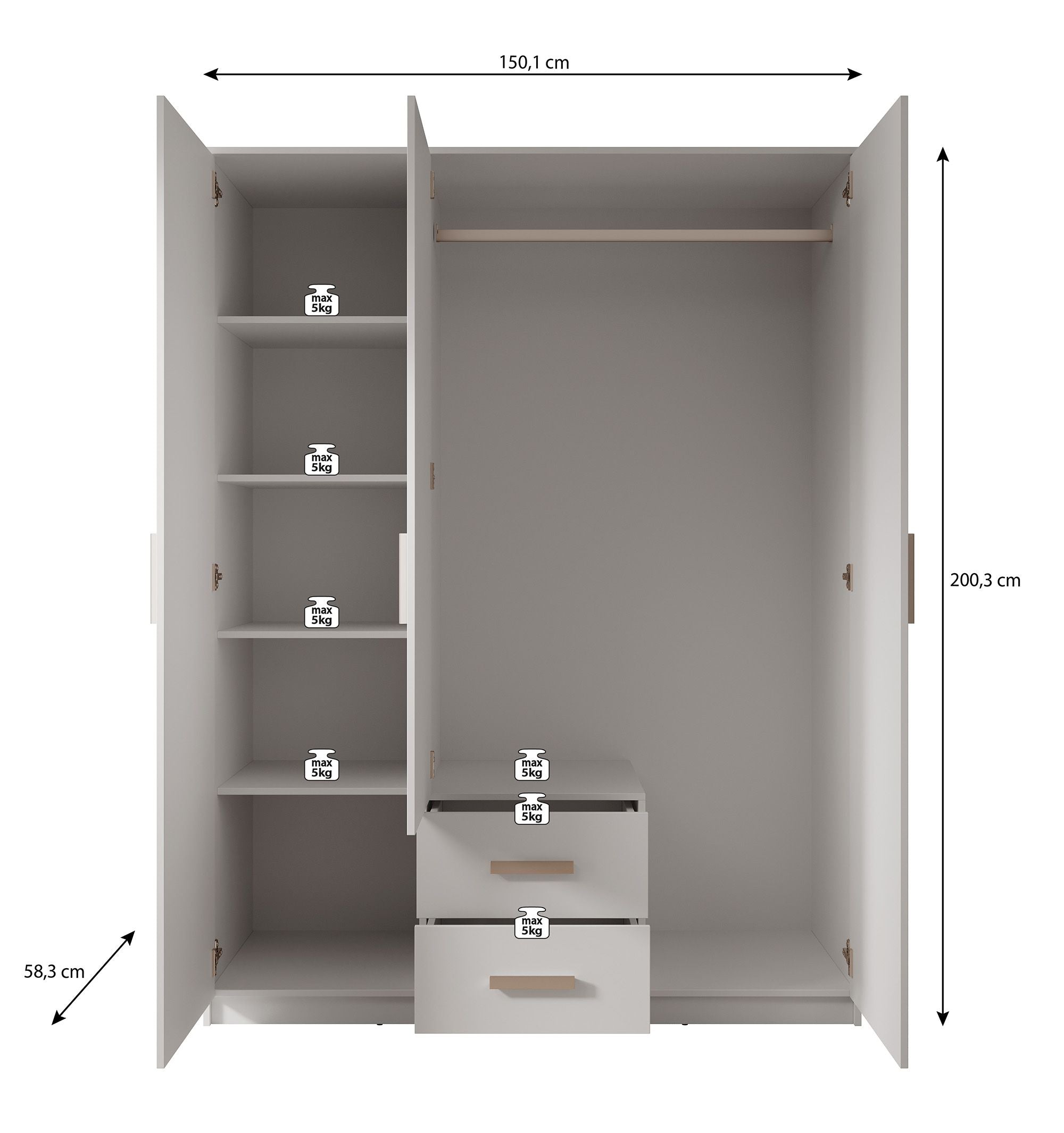 Tyko - Kledingkast 3-deurs - Wit - 150x58x200 cm