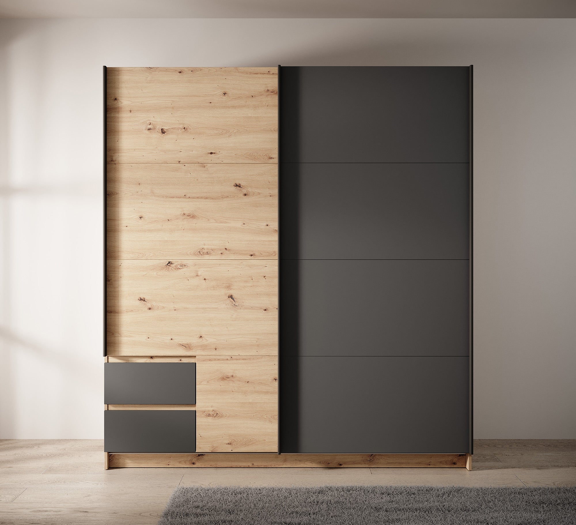 Ulan - Kledingkast met schuifdeuren - Eiken/grijs - 181x61x198 cm