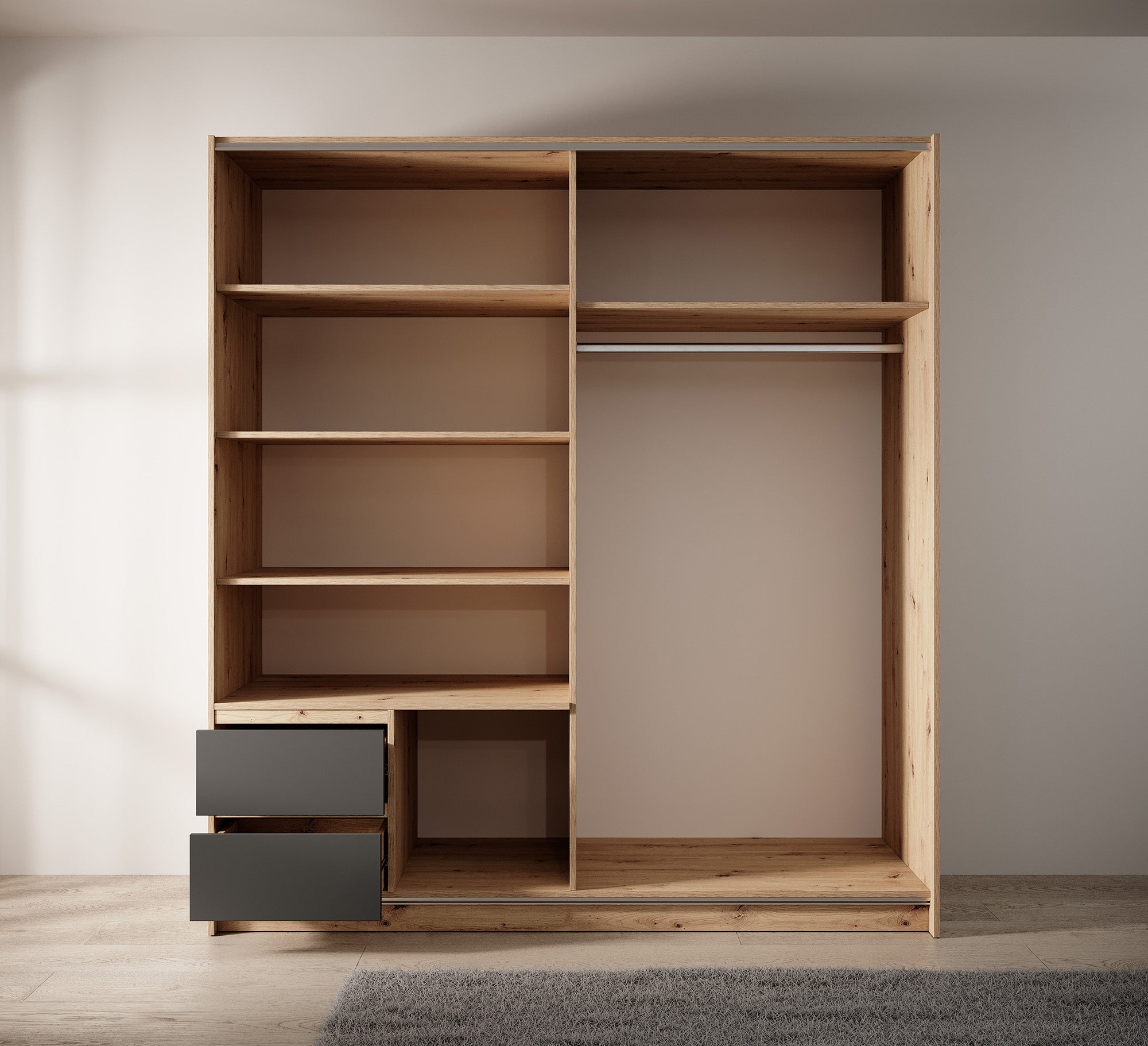 Ulan - Kledingkast met schuifdeuren - Eiken/grijs - 181x61x198 cm