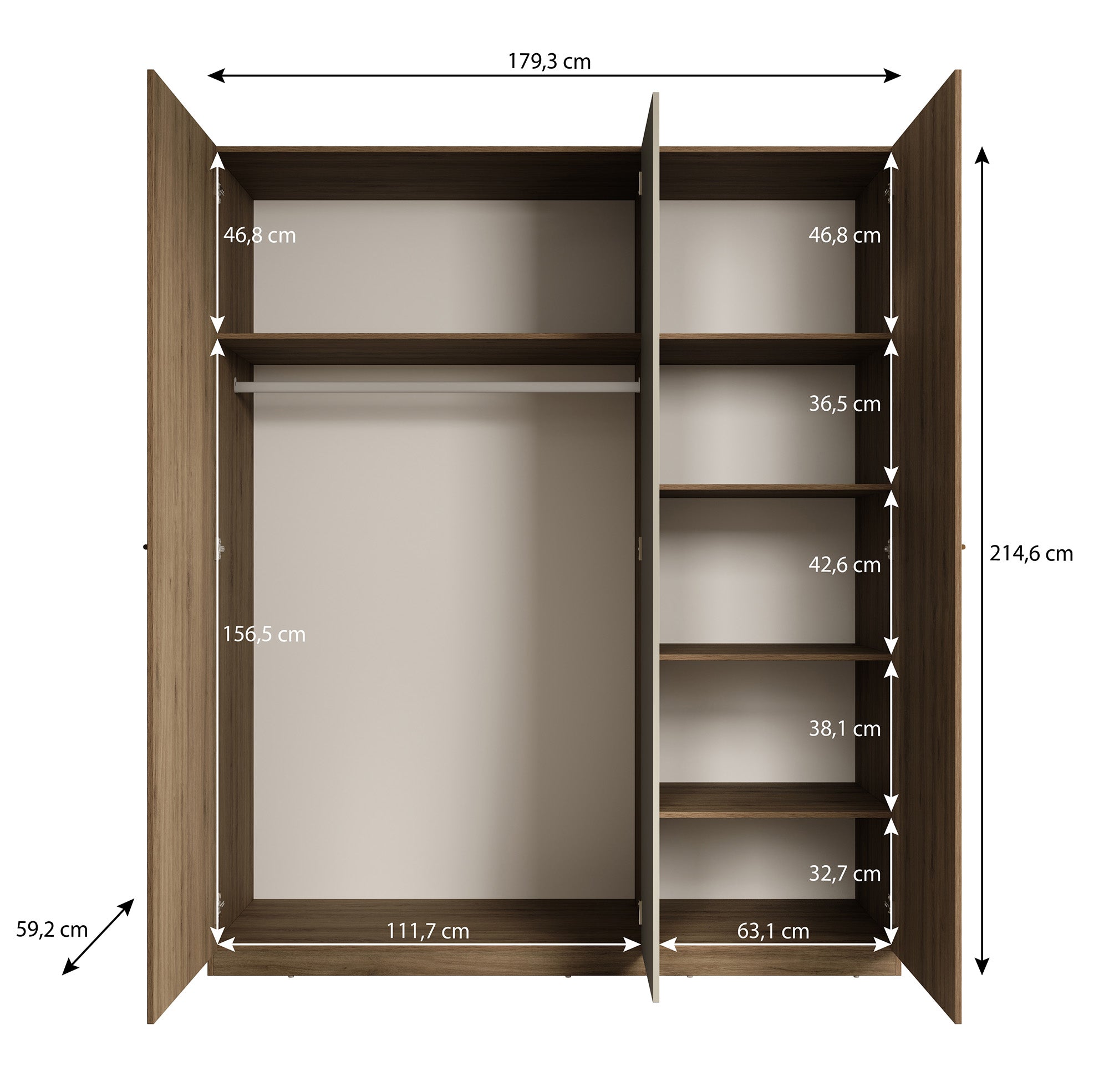Valduz - Kledingkast 3-deurs - Eiken - 179x59x215 cm