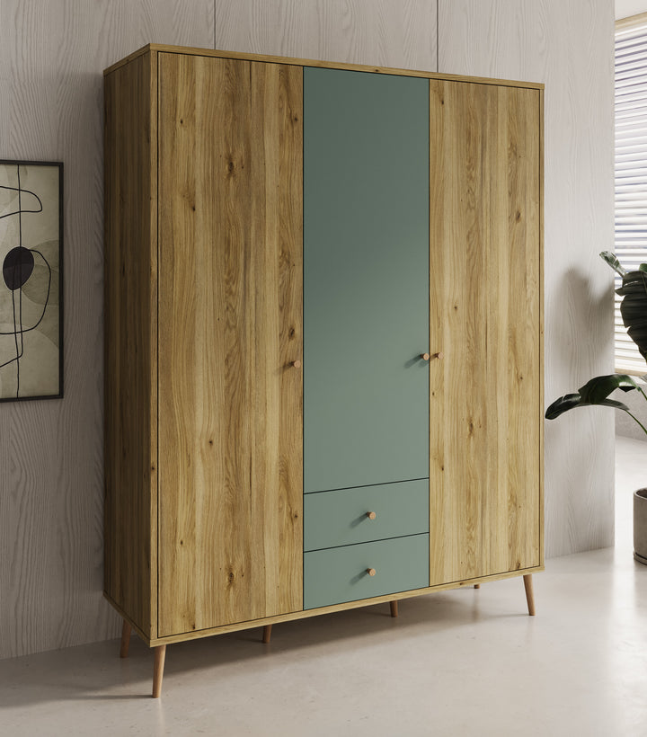 Wally - Kledingkast 3-deurs - Licht eiken/groen - 154x52x202 cm