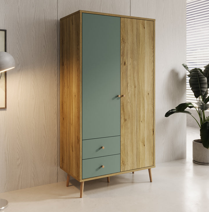 Wally - Kledingkast 2-deurs - Licht eiken/groen - 95x52x186 cm