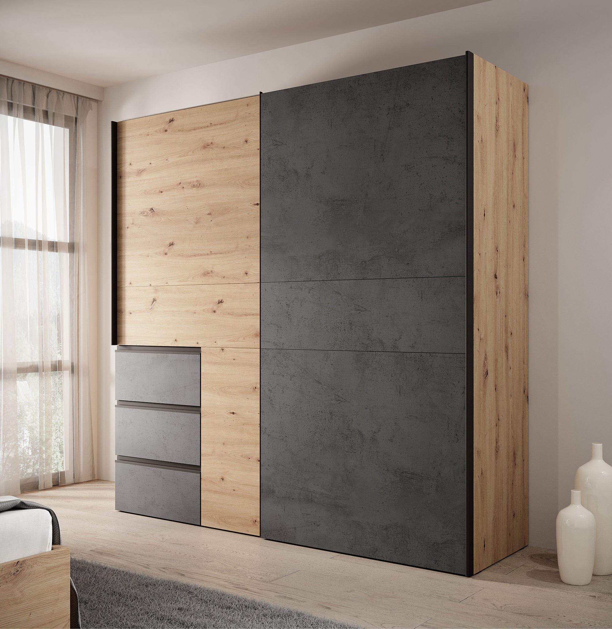 Walter - Kledingkast met schuifdeuren - Eiken/grijs - 200x61x200 cm