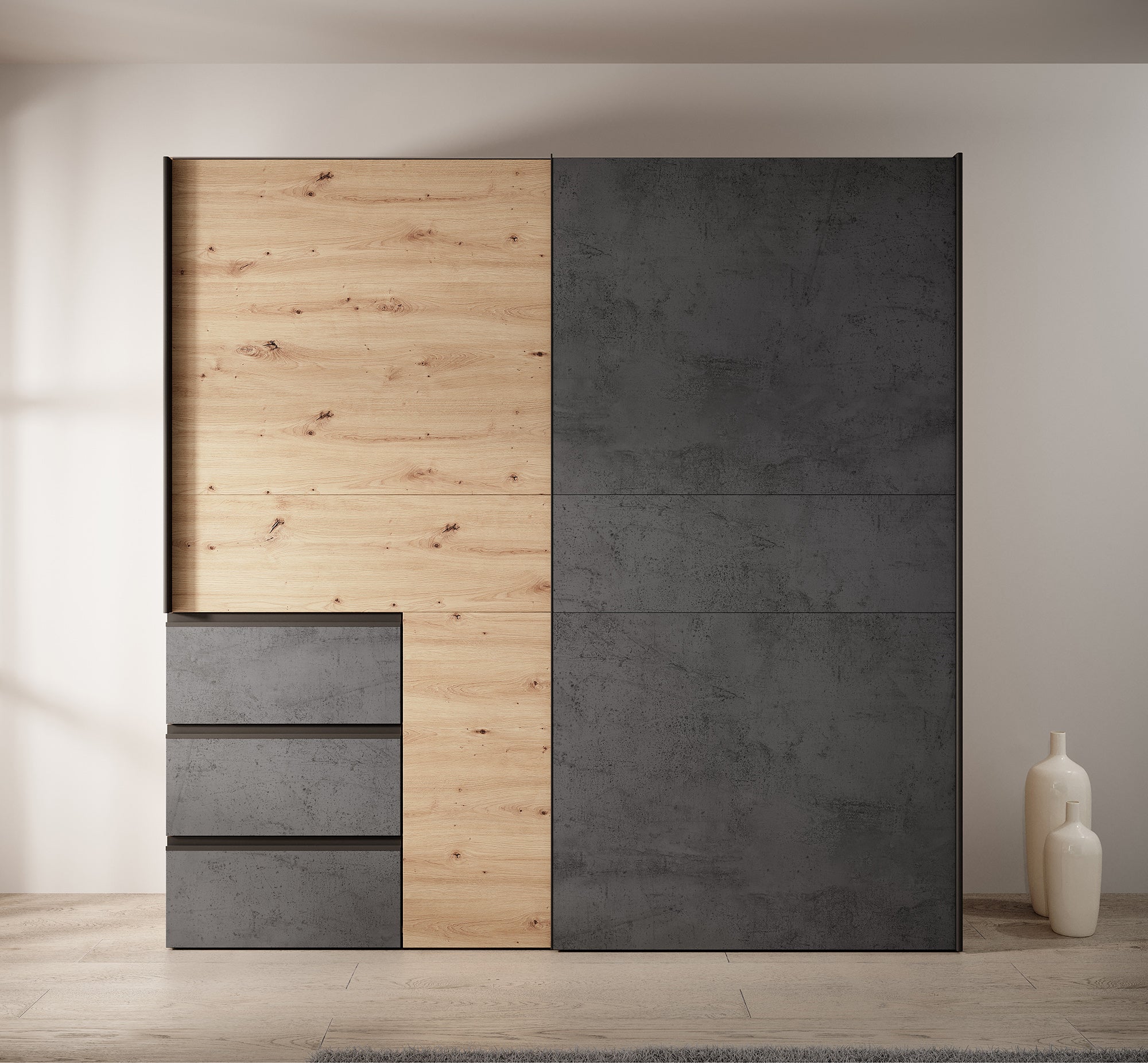 Walter - Kledingkast met schuifdeuren - Eiken/grijs - 200x61x200 cm