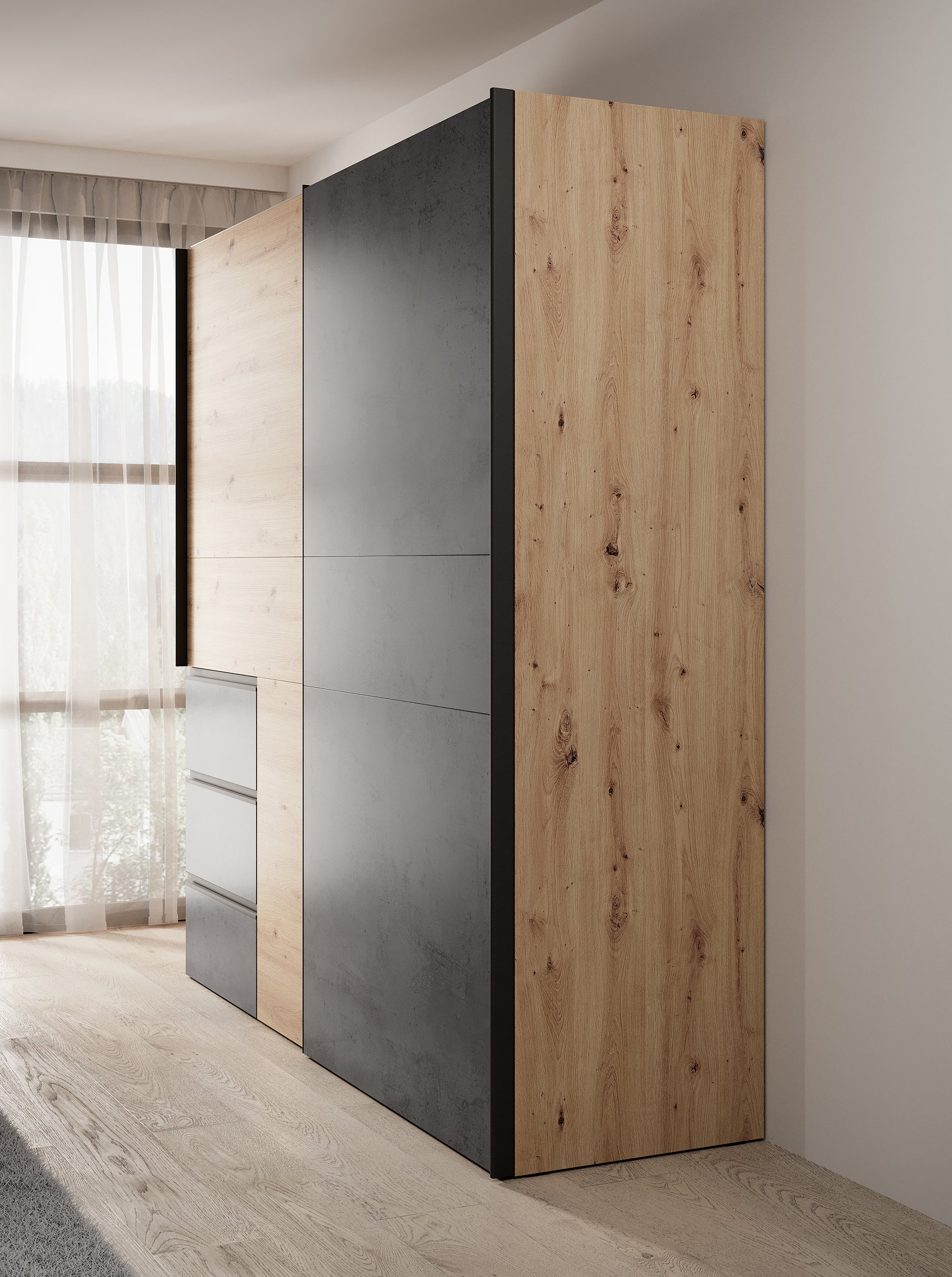 Walter - Kledingkast met schuifdeuren - Eiken/grijs - 200x61x200 cm