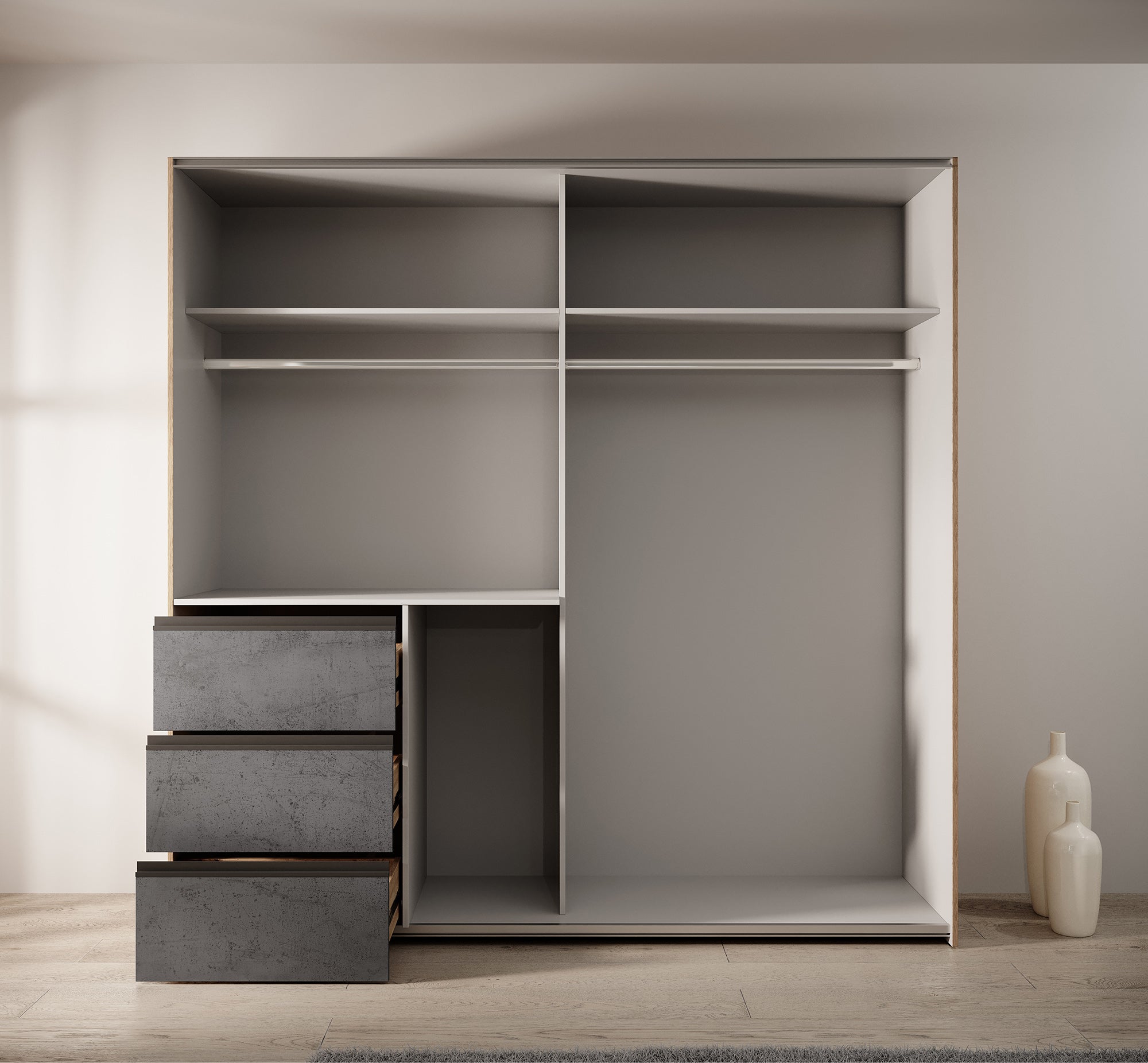 Walter - Kledingkast met schuifdeuren - Eiken/grijs - 200x61x200 cm