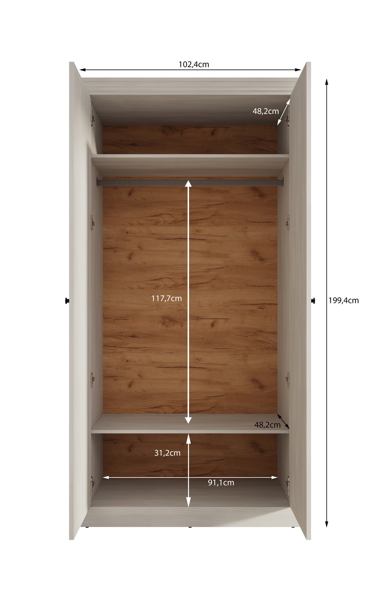 Leroy - Kledingkast 2-deurs - Zwart/eiken - 102x56x199 cm