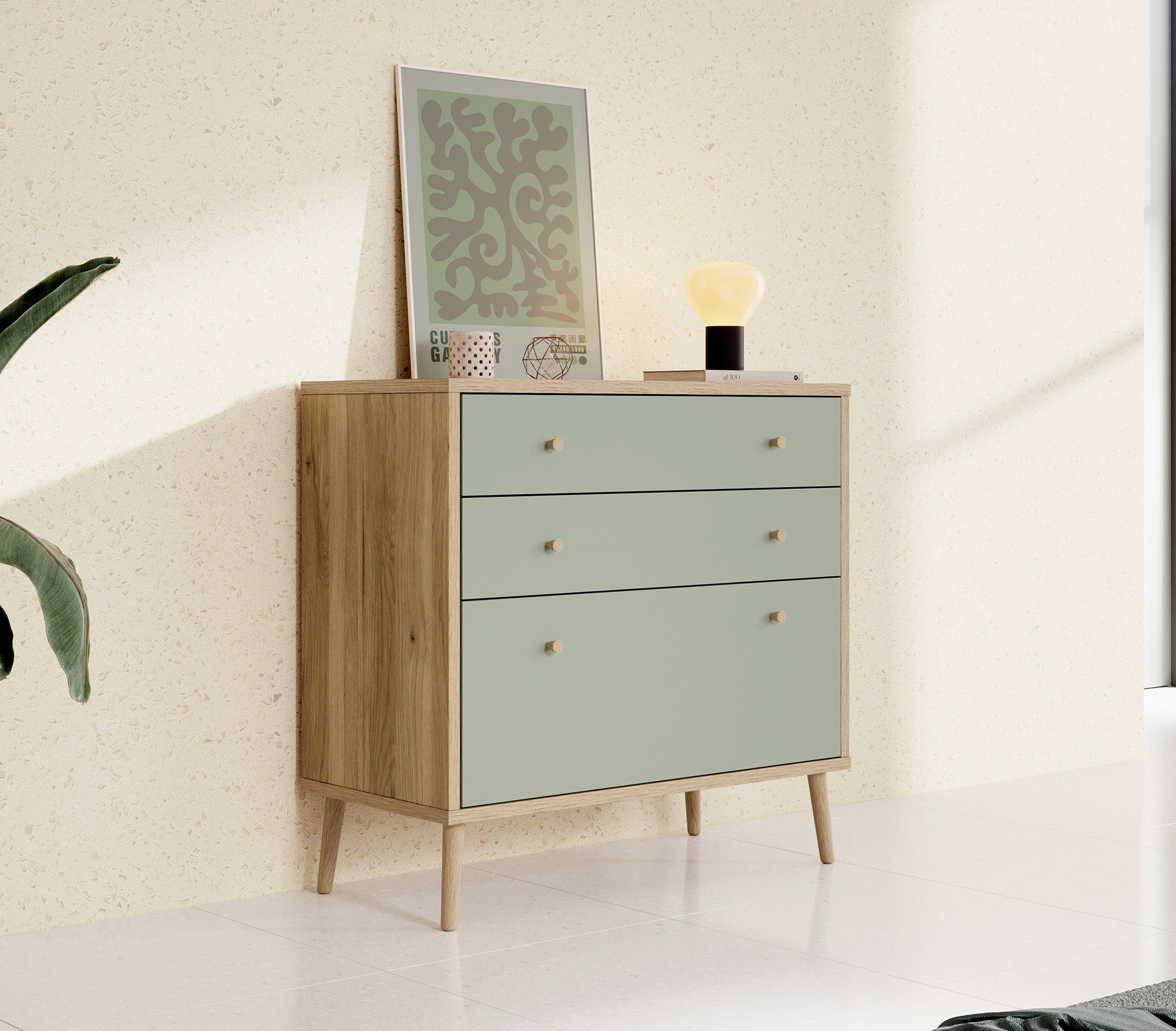 Ladekast Wally - Licht eiken - Groen - 90 cm