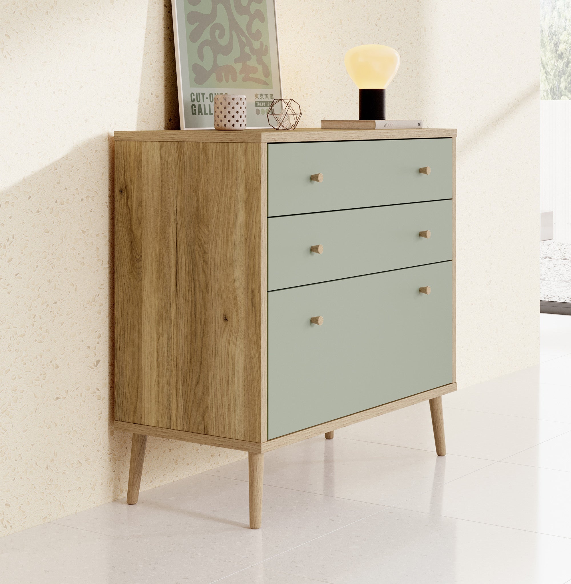 Ladekast Wally - Licht eiken - Groen - 90 cm