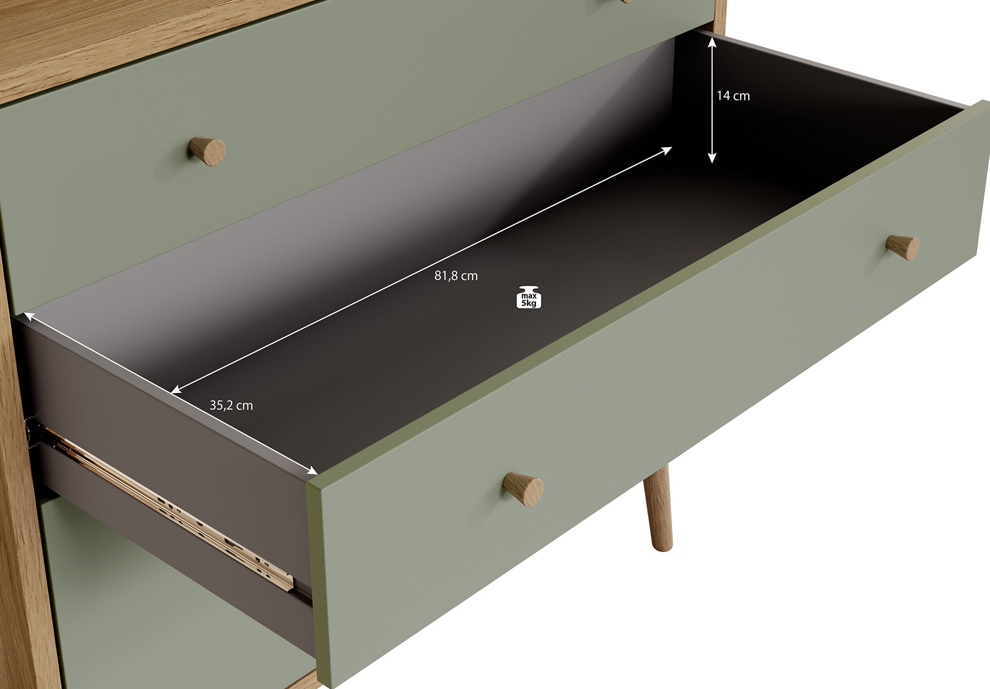 Ladekast Wally - Licht eiken - Groen - 90 cm