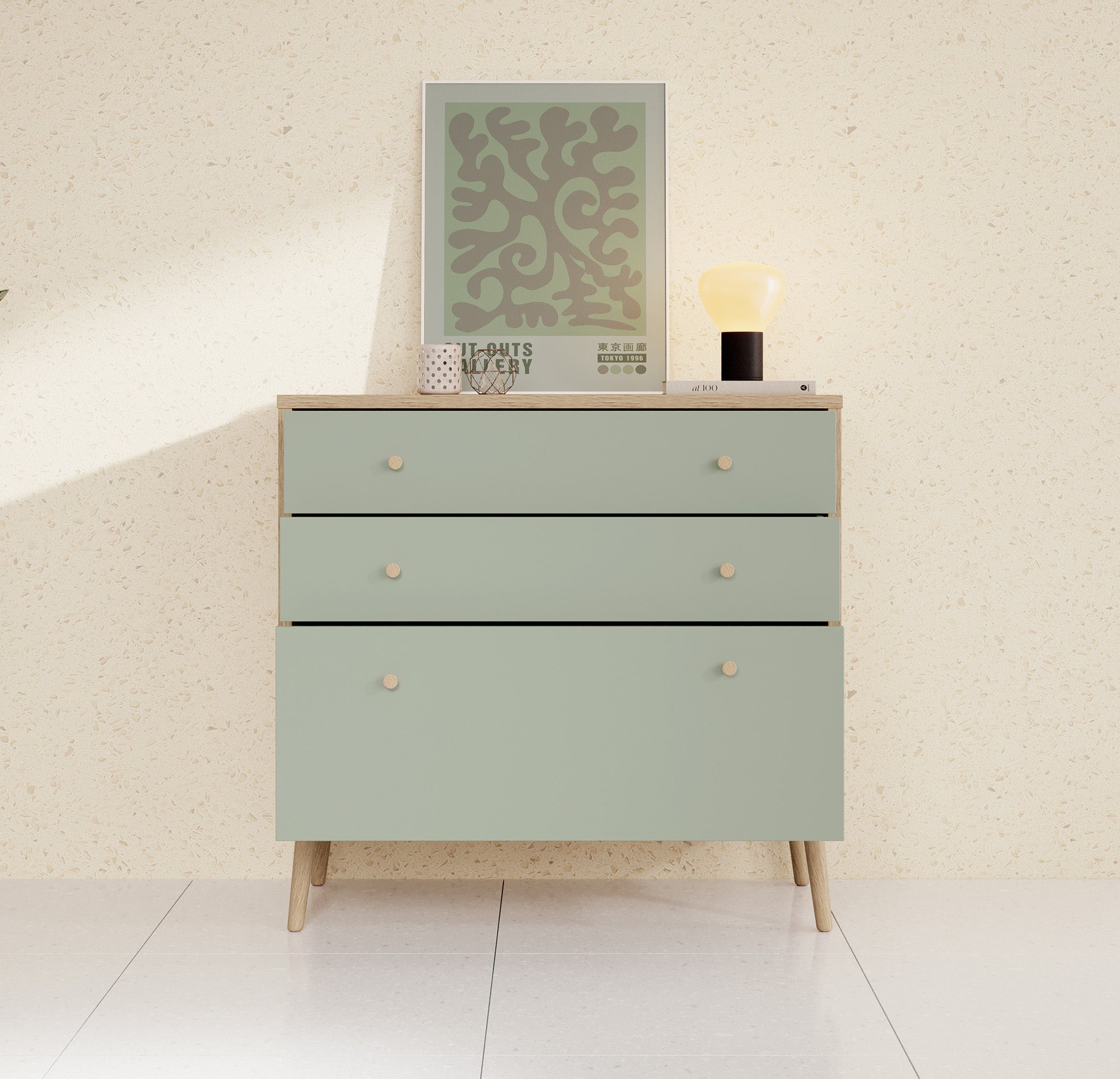 Ladekast Wally - Licht eiken - Groen - 90 cm