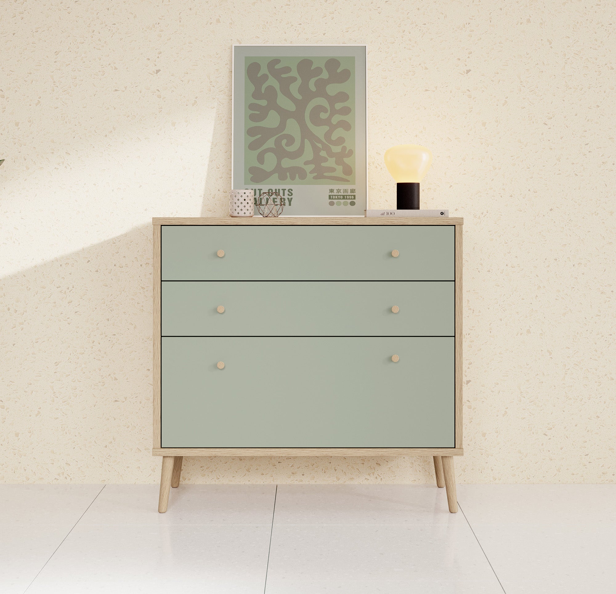 Ladekast Wally - Licht eiken - Groen - 90 cm