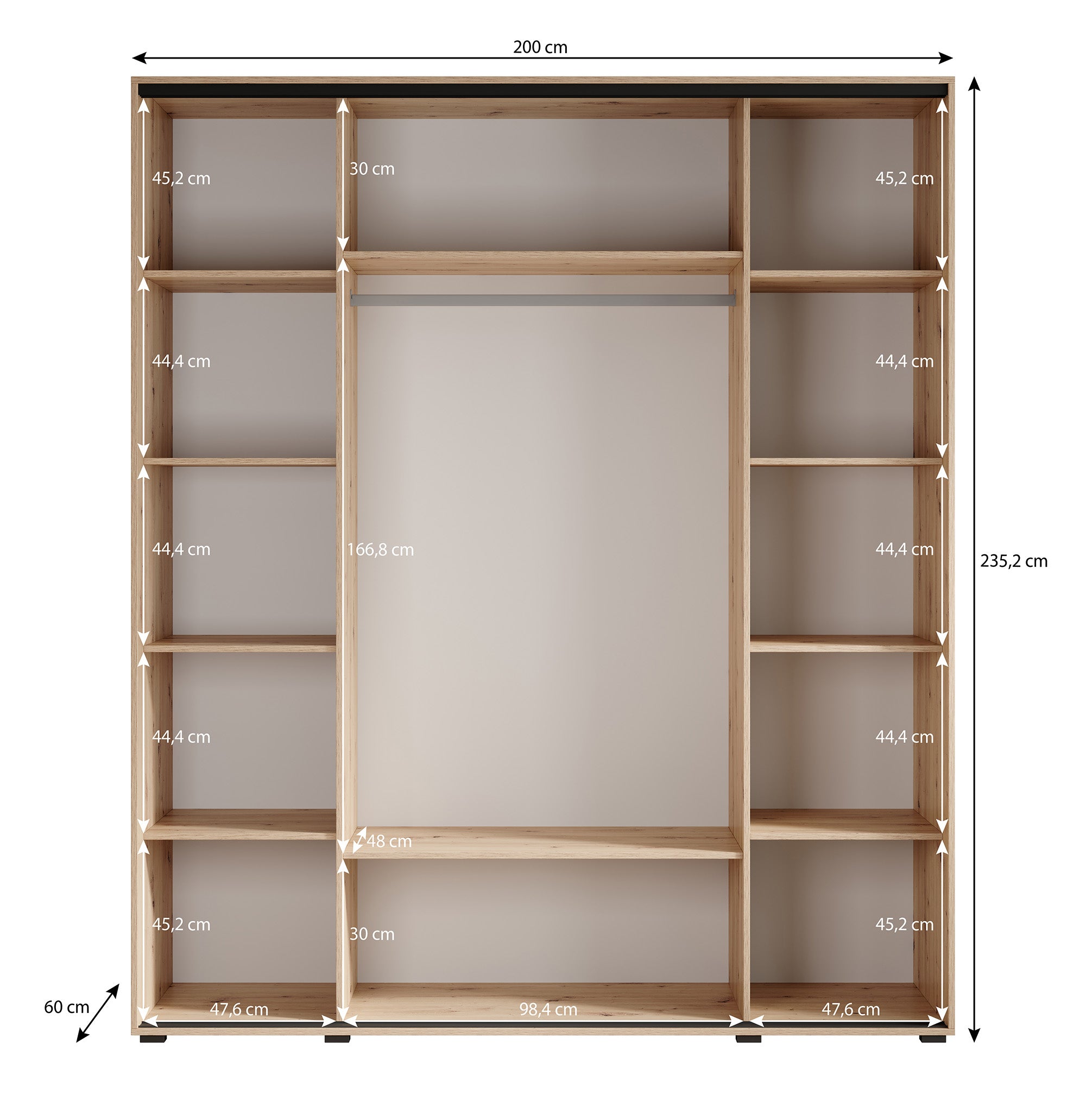 Leandro - Kledingkast met schuifdeuren - Zwart - 200x60x235 cm