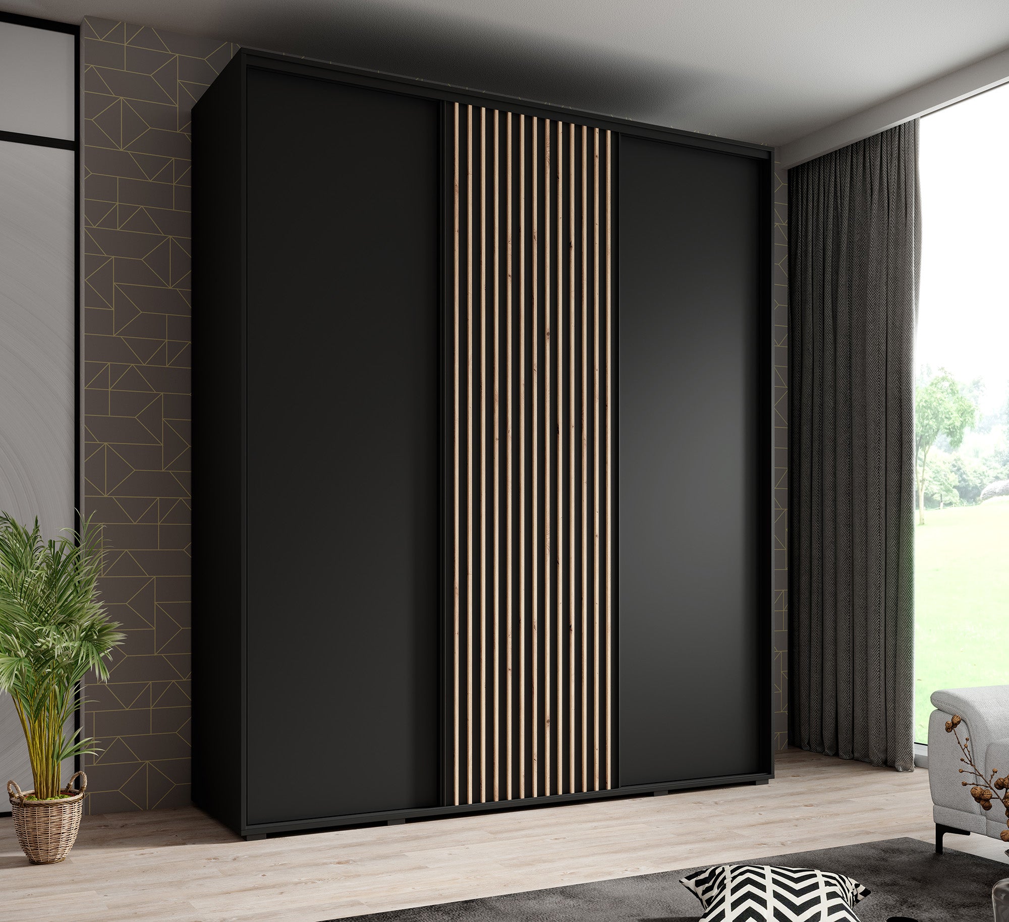 Leandro - Kledingkast met schuifdeuren - Zwart - 200x60x235 cm