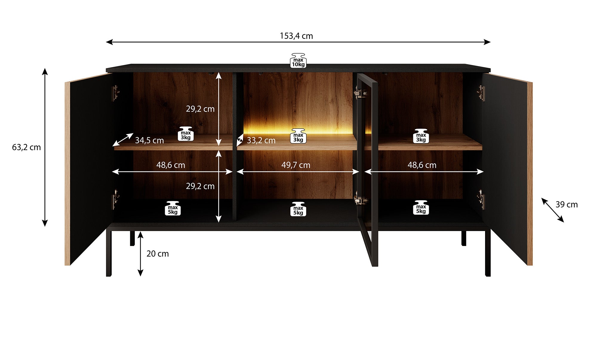 Legend - Dressoir - Zwart/eiken - 154x39x83 cm