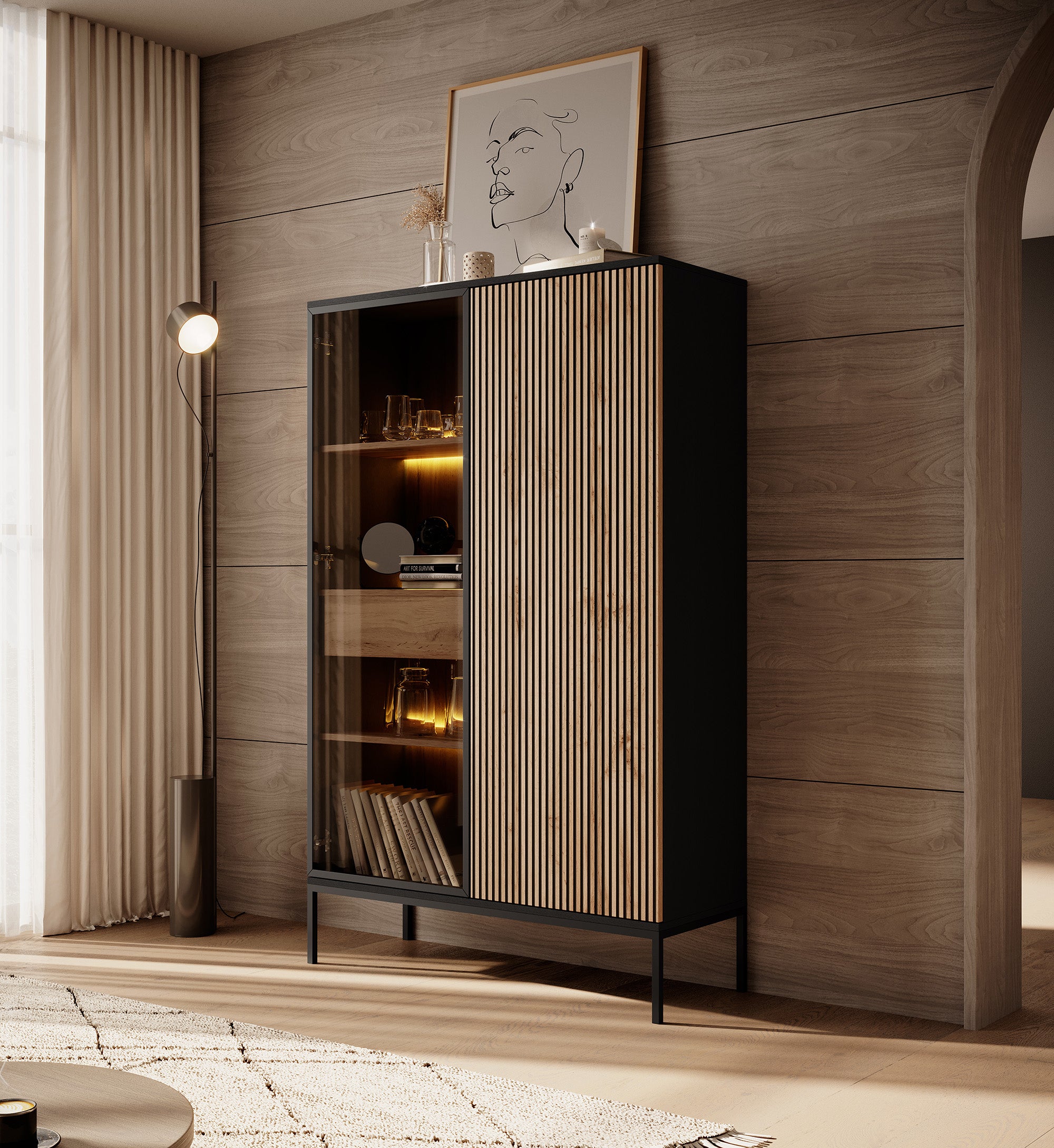 Legend - Vitrinekast - Zwart/eiken - 104x39x166 cm