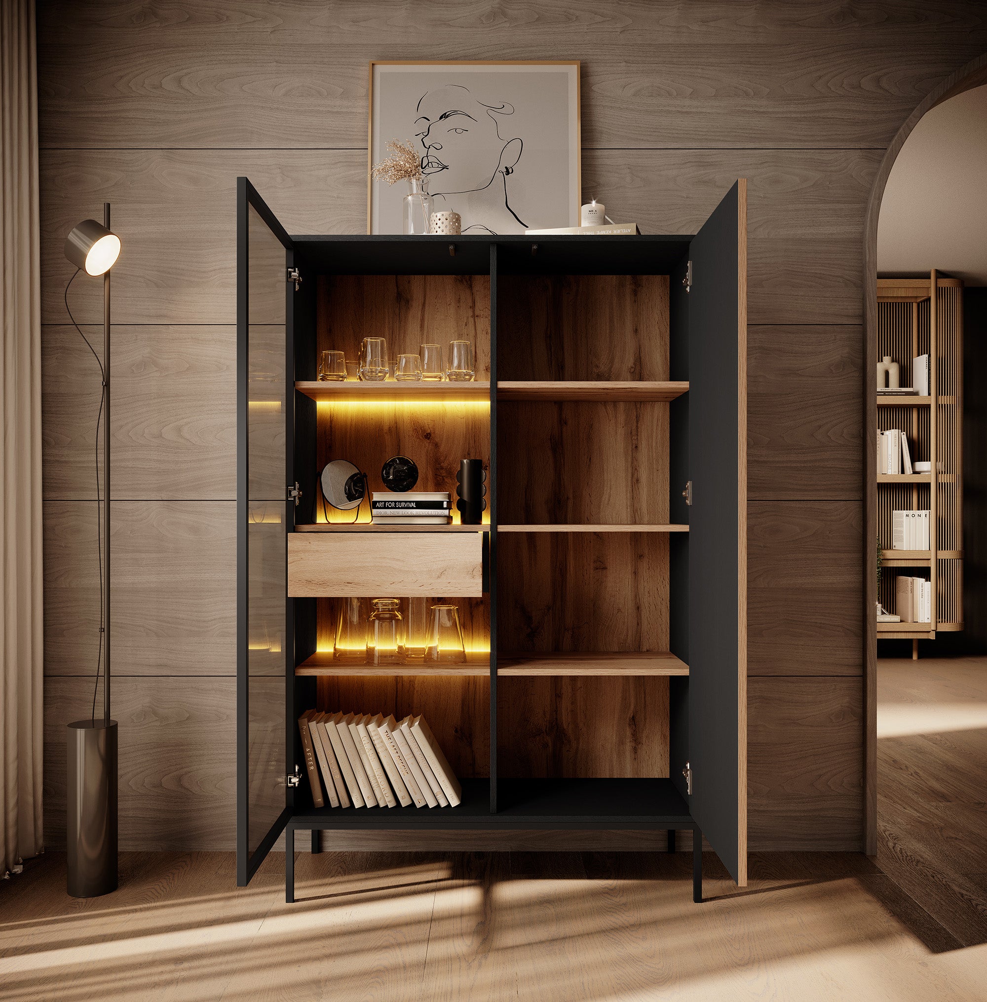Legend - Vitrinekast - Zwart/eiken - 104x39x166 cm