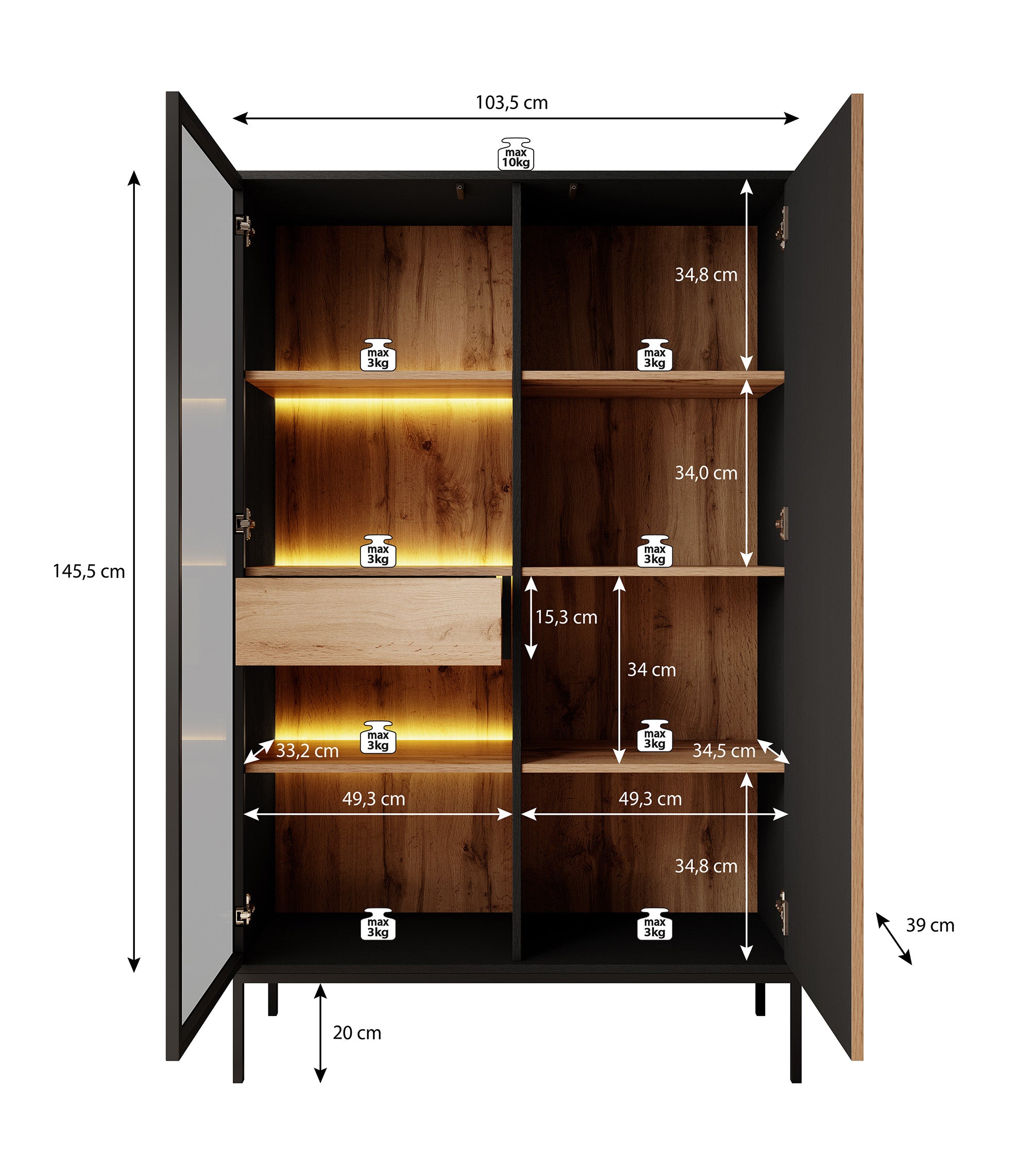 Legend - Vitrinekast - Zwart/eiken - 104x39x166 cm