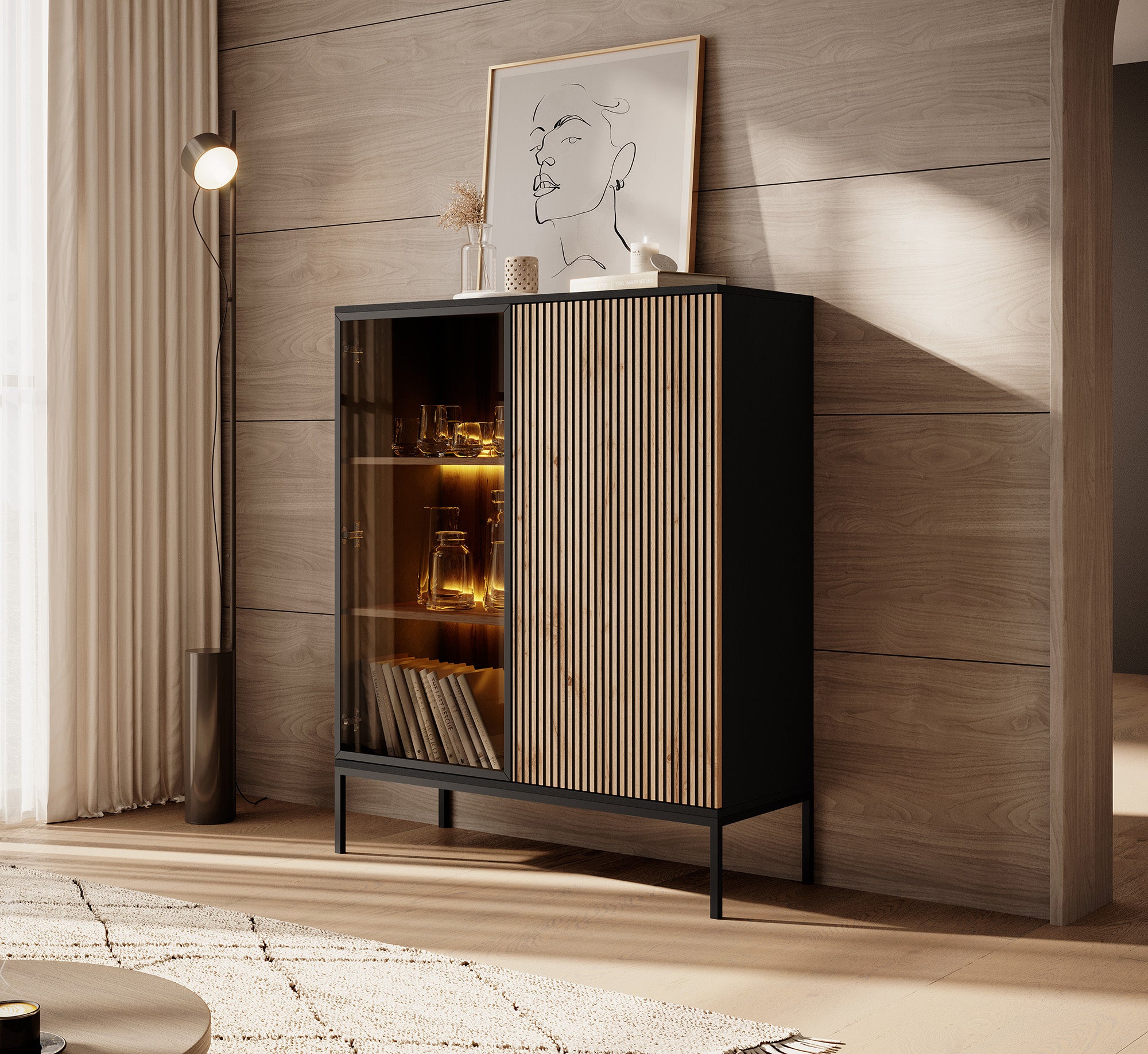 Legend - Vitrinekast - Zwart/eiken - 104x39x126 cm