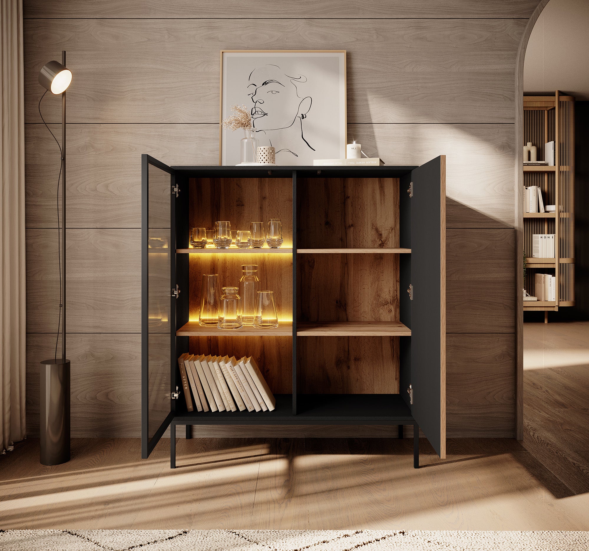 Legend - Vitrinekast - Zwart/eiken - 104x39x126 cm