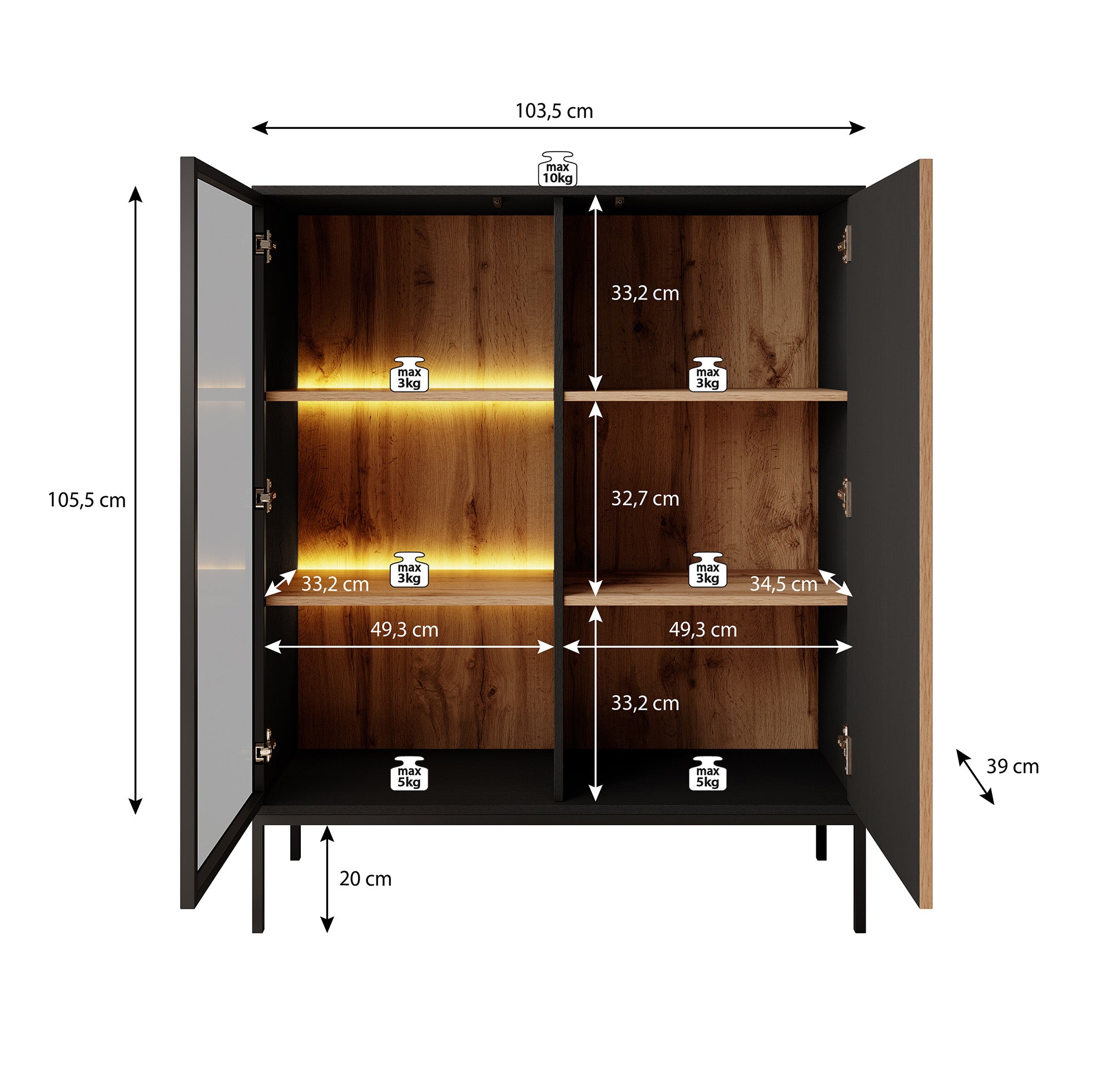 Legend - Vitrinekast - Zwart/eiken - 104x39x126 cm