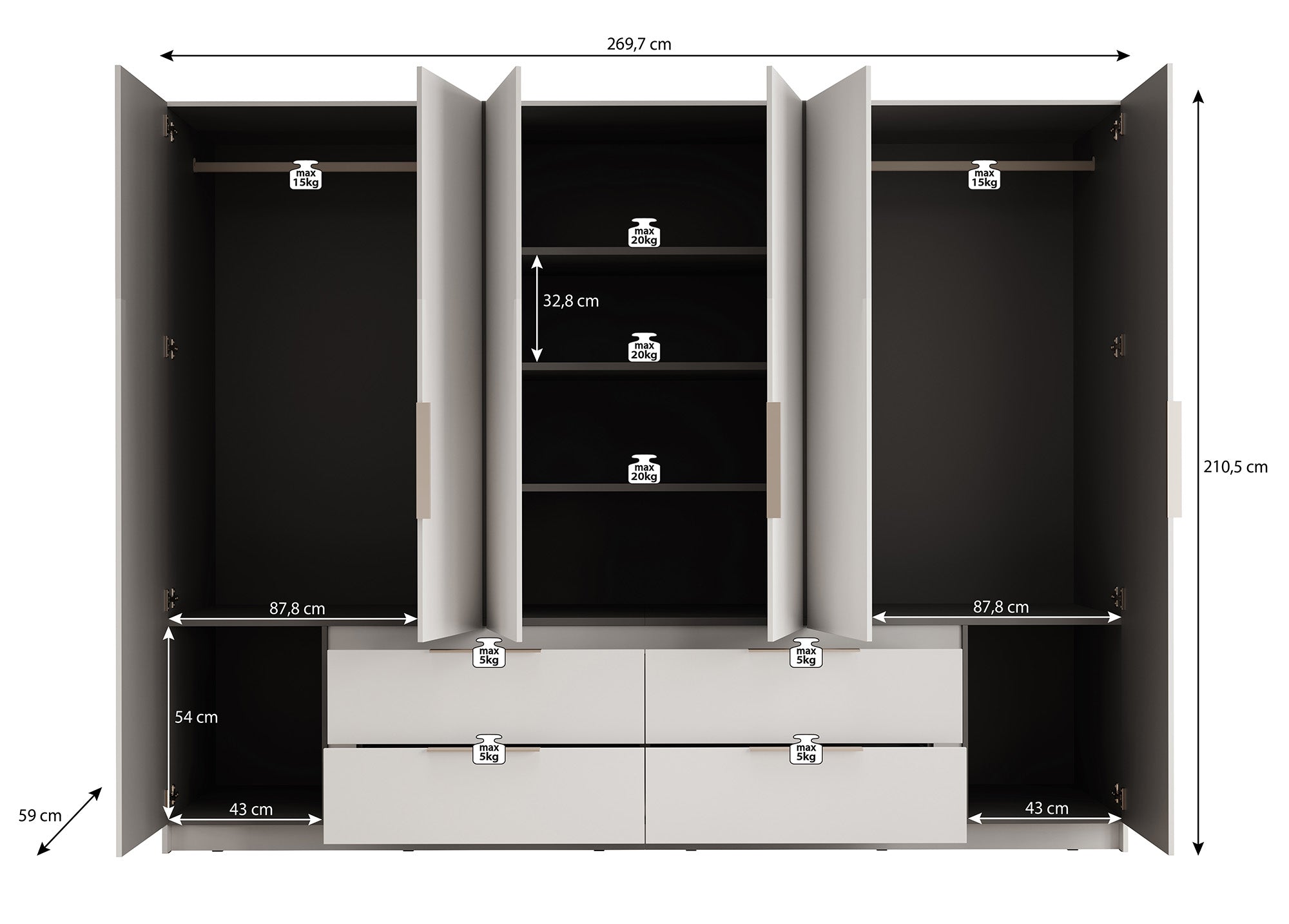 Leipzig - Kledingkast 6-deurs - Wit - 270x59x211 cm