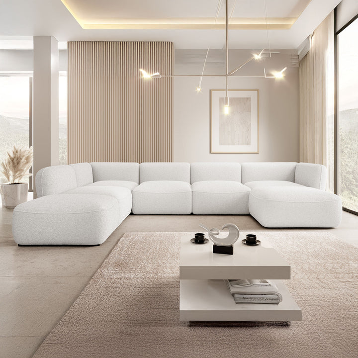 Caesar - Hoekbank 5-zits met chaise longue - Teddystof wit - Links