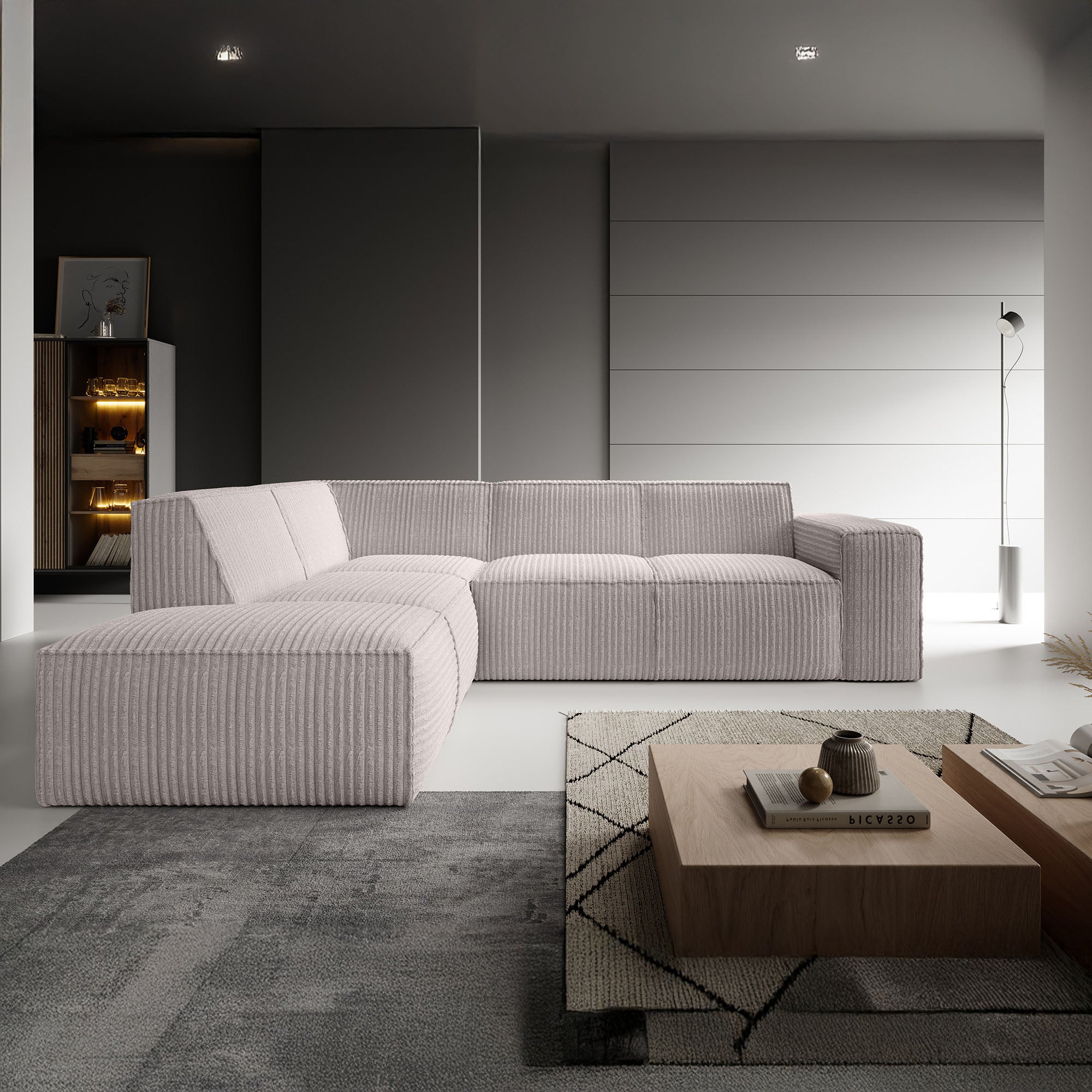 Monet - Hoekbank 4-zits met chaise longue - Fluffy ribstof beige - Links
