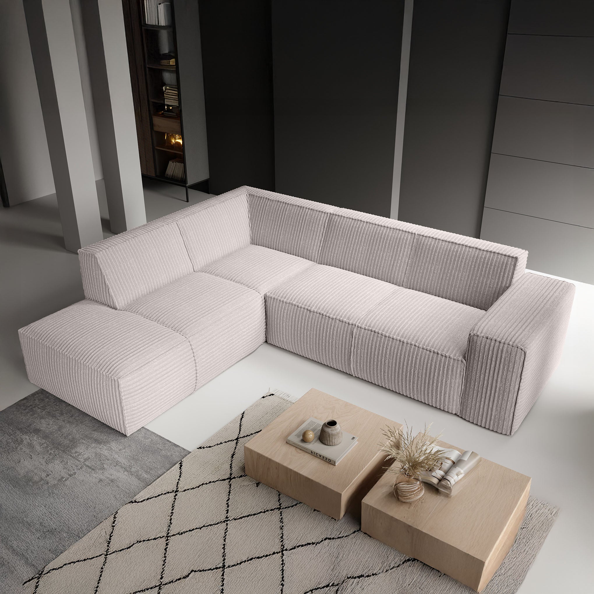 Monet - Hoekbank 4-zits met chaise longue - Fluffy ribstof beige - Links