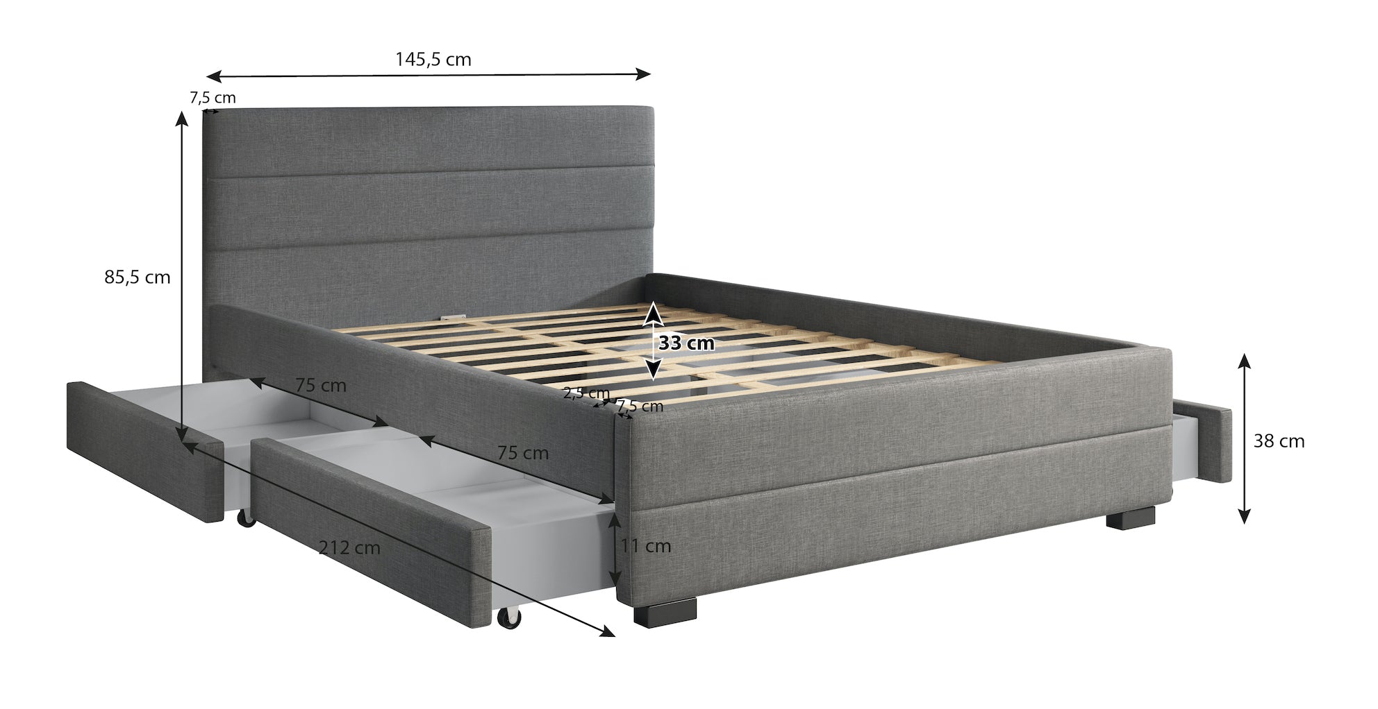 Loox - Tweepersoonsbed met 4 lades - Stof zwart - 140x200 cm