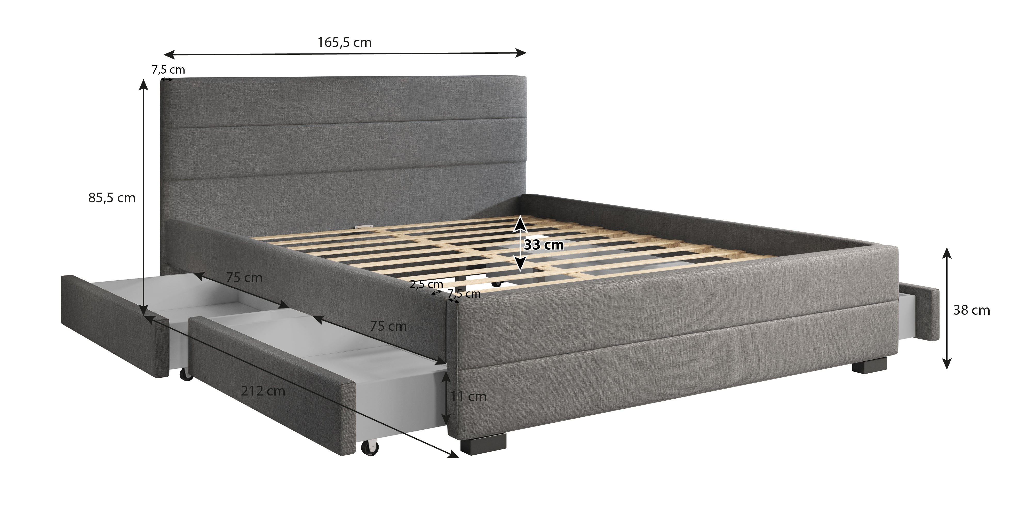 Loox - Tweepersoonsbed met 4 lades - Stof grijs - 160x200 cm