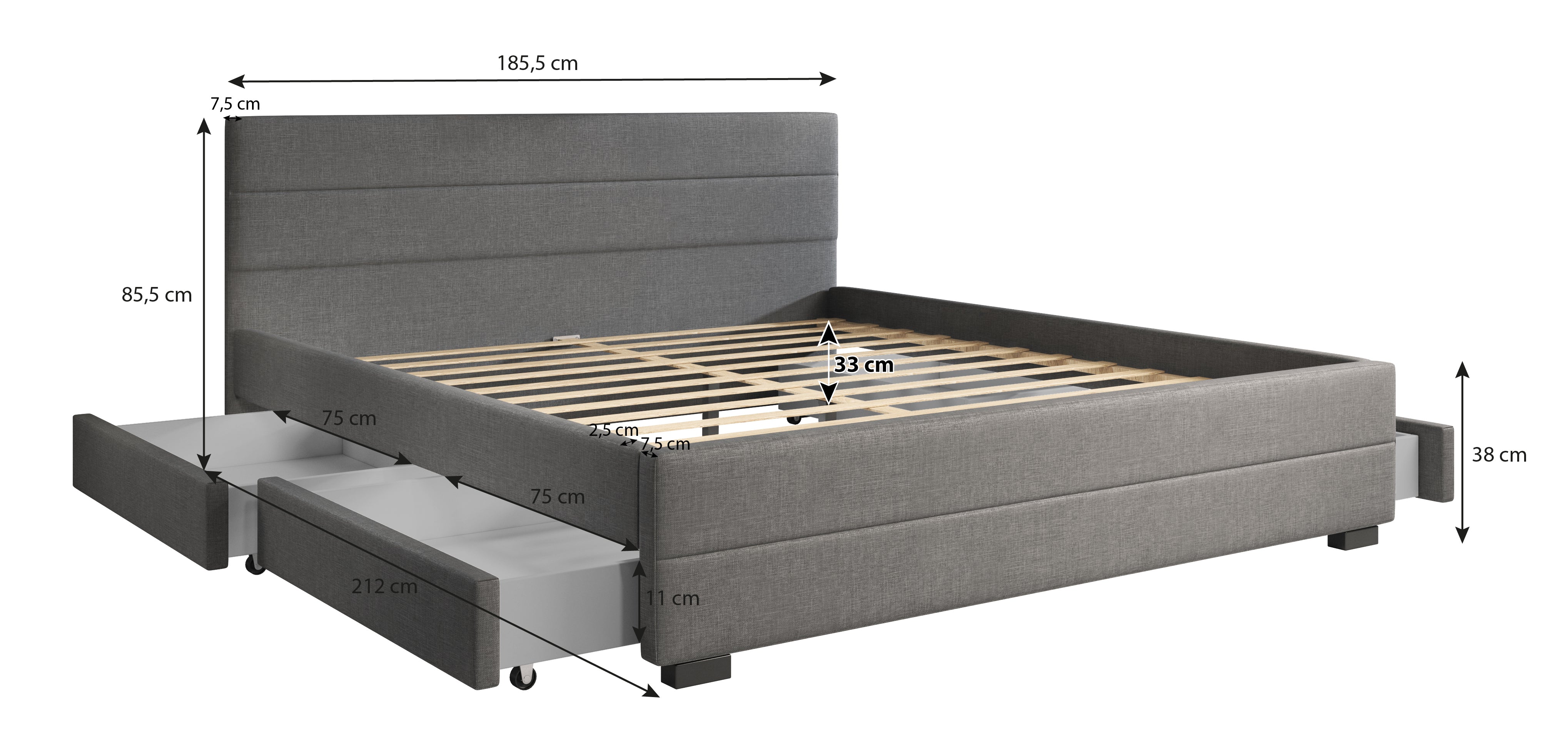 Loox - Tweepersoonsbed met 4 lades - Stof zwart - 180x200 cm