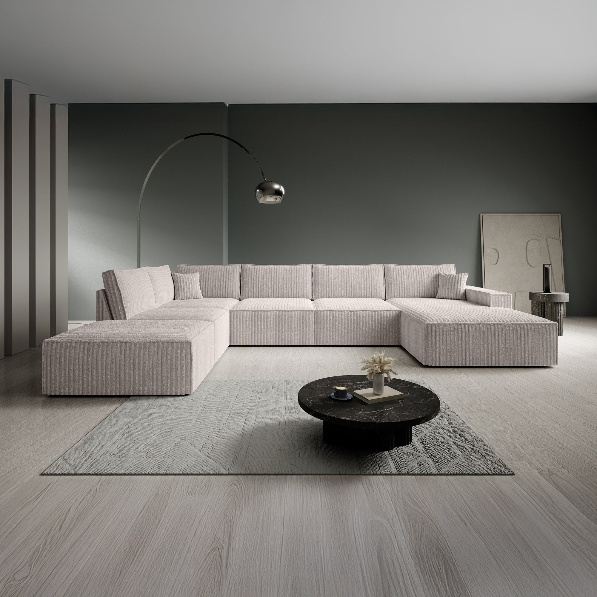 Manolo - Hoekbank 5-zits met chaise longue - Ribstof beige - Rechts