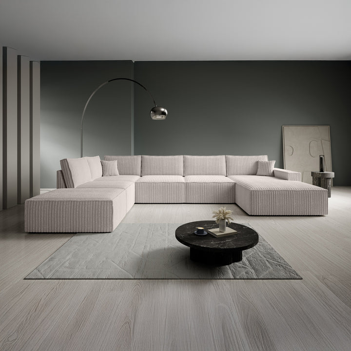 Manolo - Hoekbank 5-zits met chaise longue - Ribstof beige - Rechts