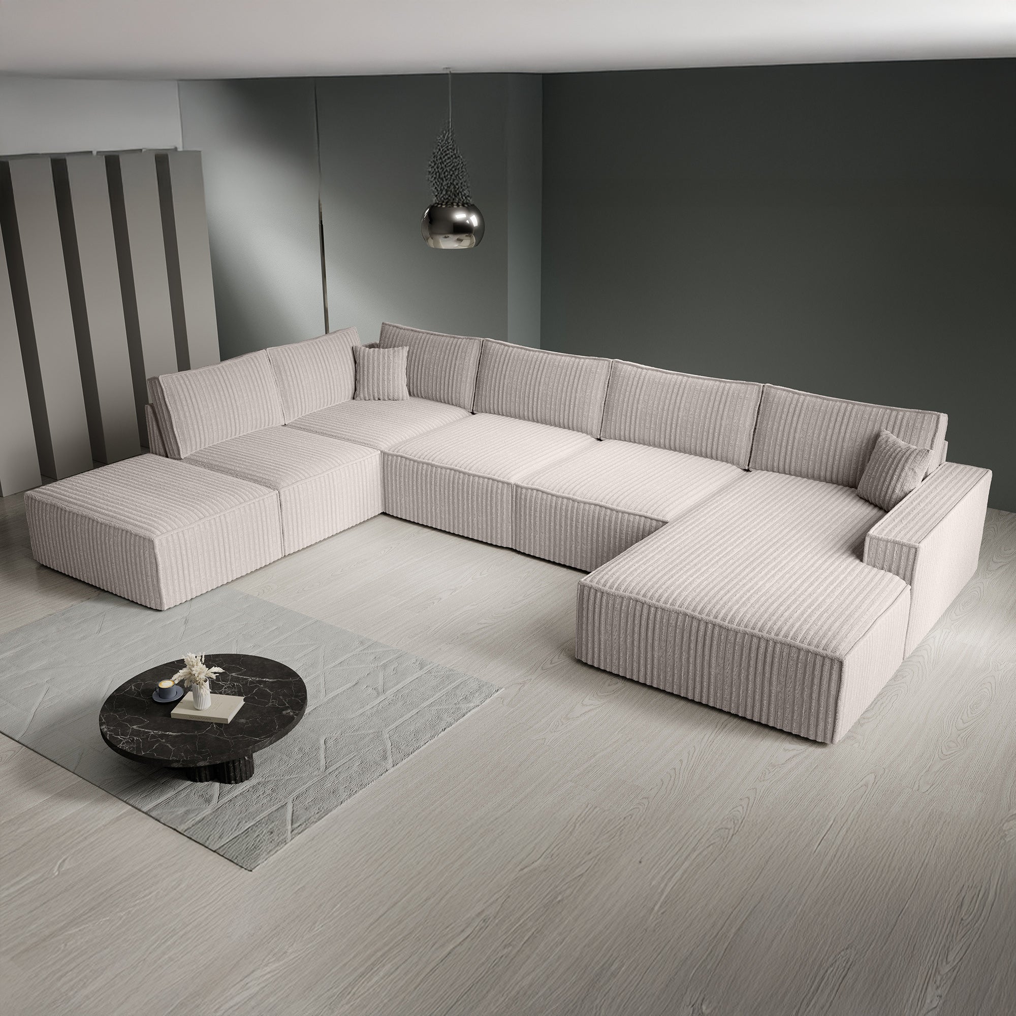 Manolo - Hoekbank 5-zits met chaise longue - Ribstof beige - Rechts