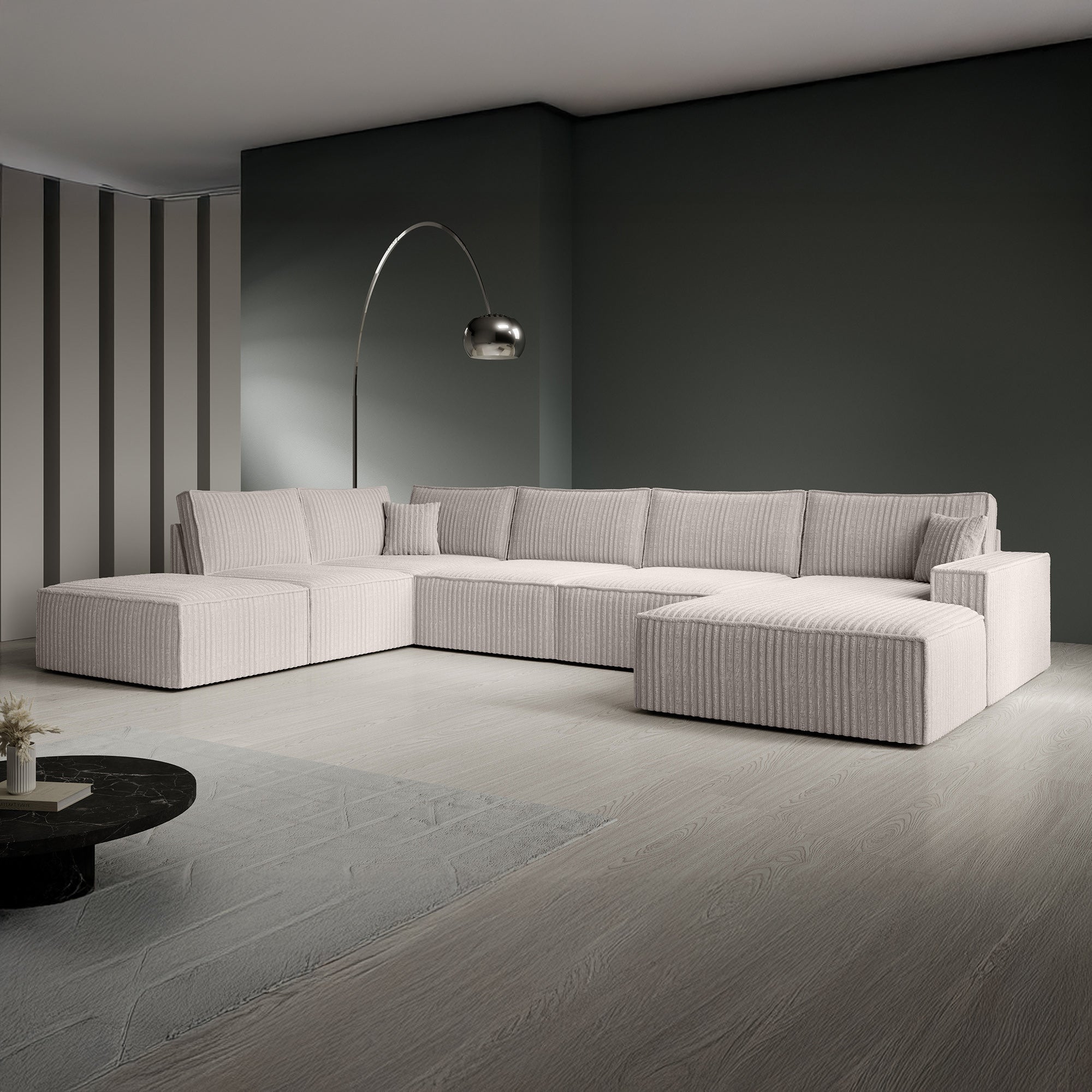Manolo - Hoekbank 5-zits met chaise longue - Ribstof beige - Rechts