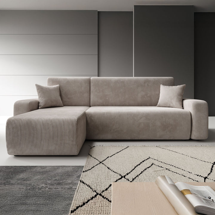 Prudence - Hoekbank 3-zits met chaise longue - Ribstof beige - Universeel