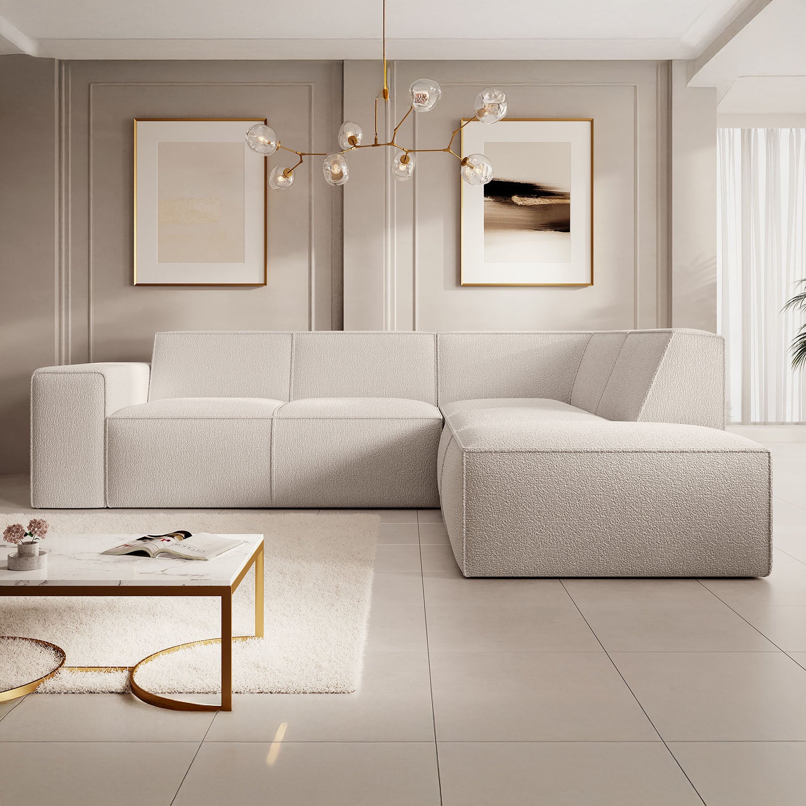 Monet - Hoekbank 4-zits met chaise longue - Teddystof beige - Rechts