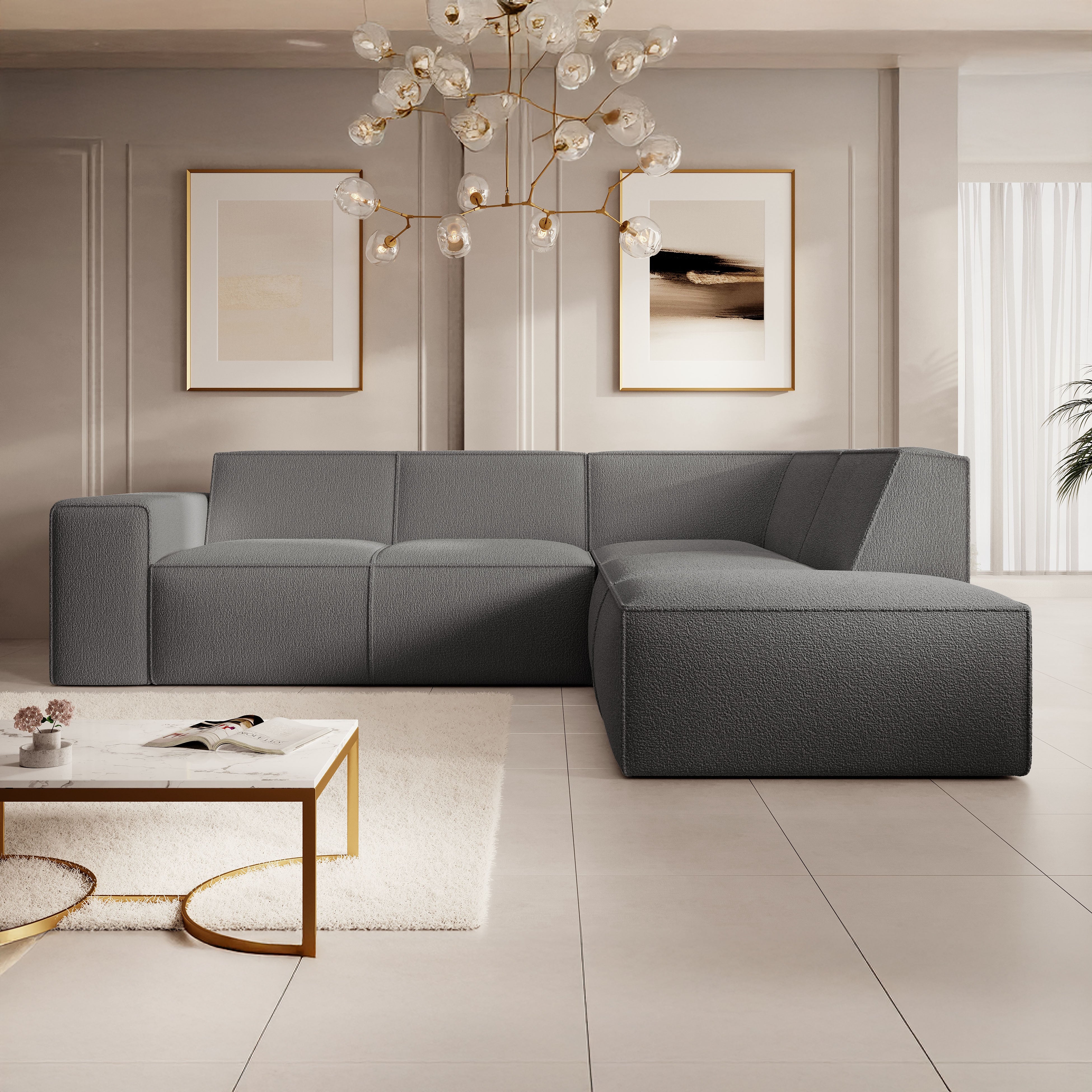Monet - Hoekbank 4-zits met chaise longue - Teddystof grijs - Rechts
