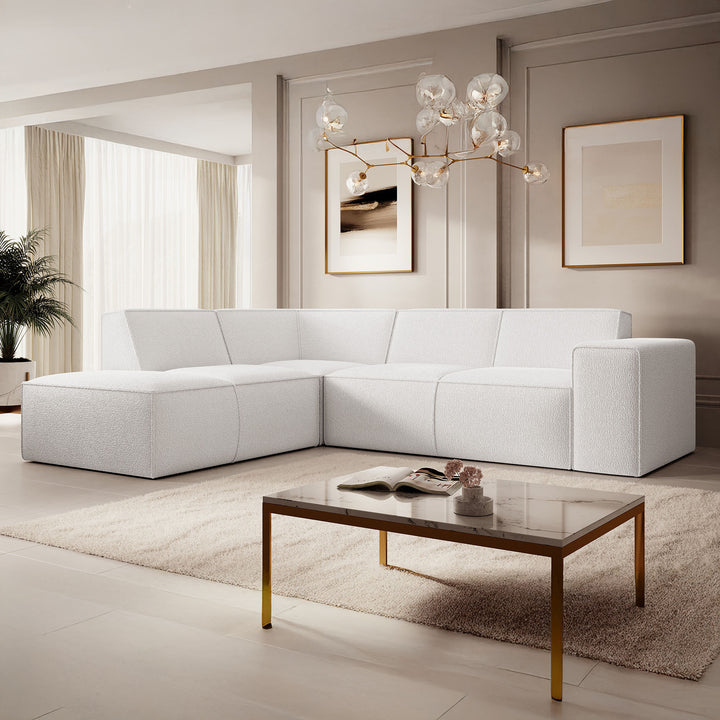 Monet - Hoekbank 4-zits met chaise longue - Teddystof wit - Links