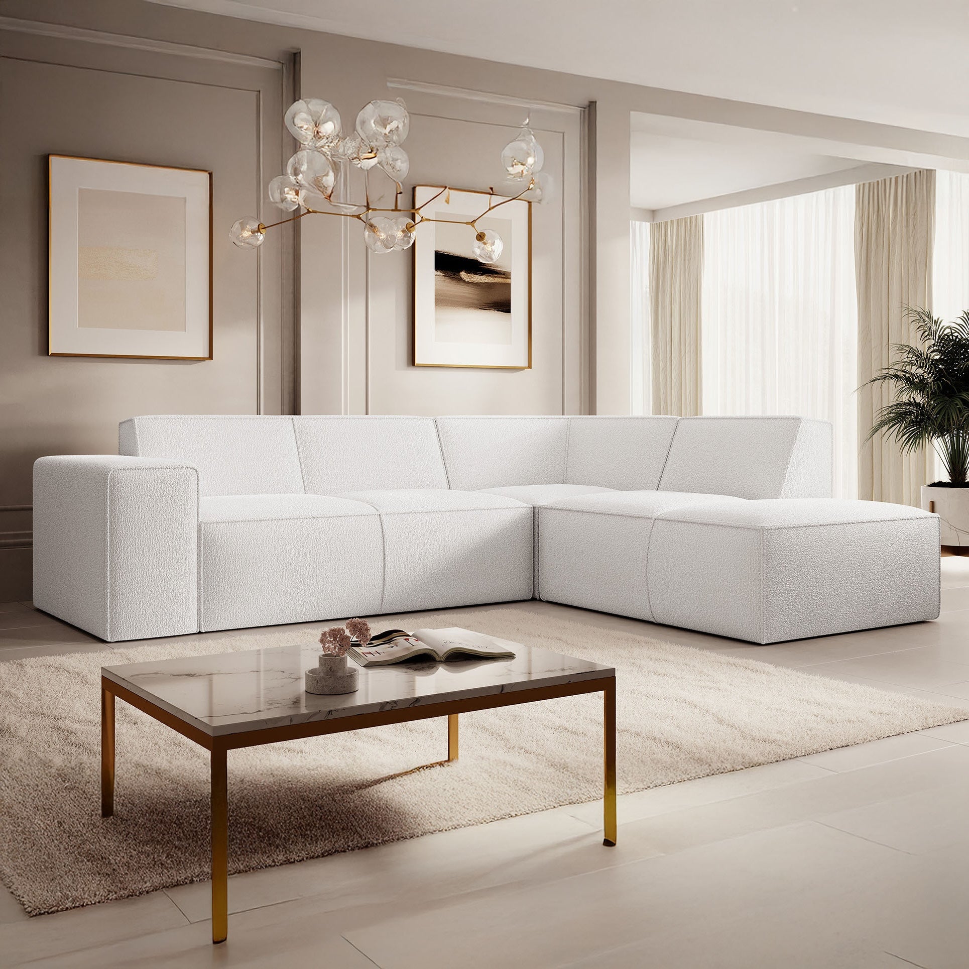 Monet - Hoekbank 4-zits met chaise longue - Teddystof wit - Rechts