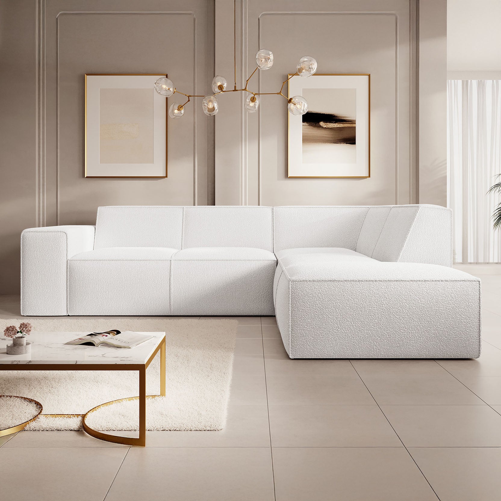 Monet - Hoekbank 4-zits met chaise longue - Teddystof wit - Rechts
