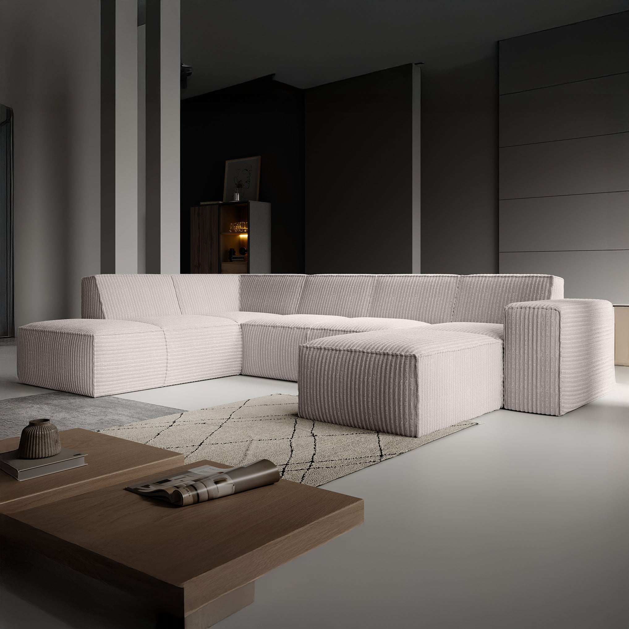 Monet XL - Hoekbank 5-zits met chaise longue - Fluffy ribstof beige - Rechts